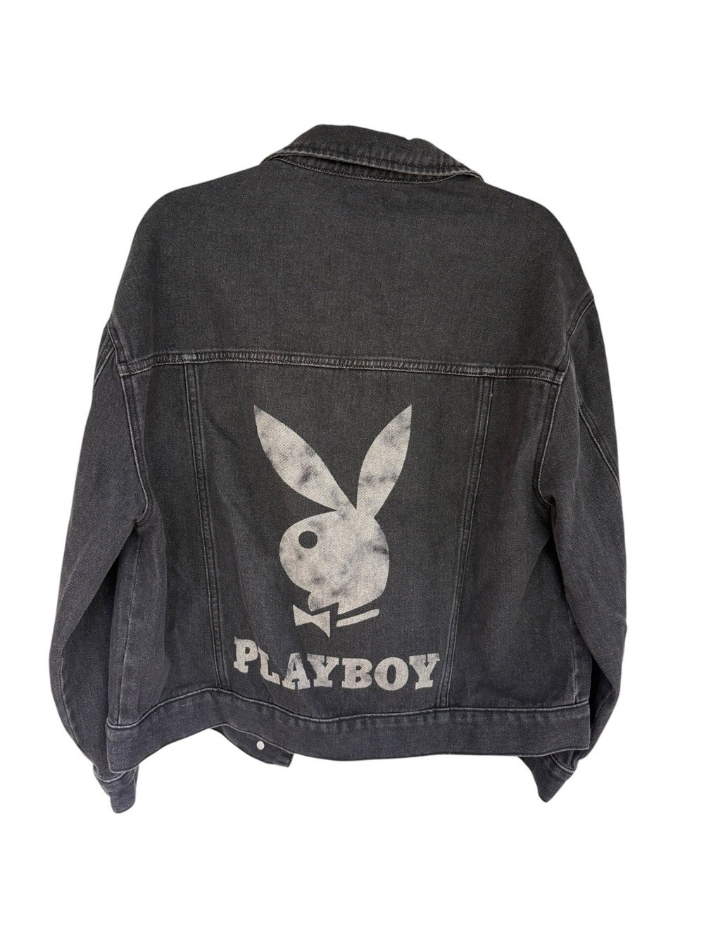 Playboy by PacSun Black Denim Trucker Jacket — Bunny Logo Back Graphic, XS/S