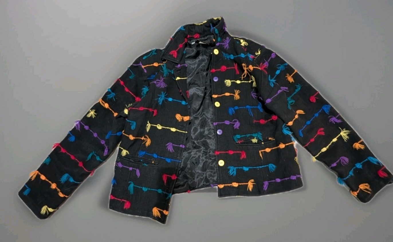 Kindred Spirits VTG Black Cotton Blend, MultiColor Fringe Detailing.