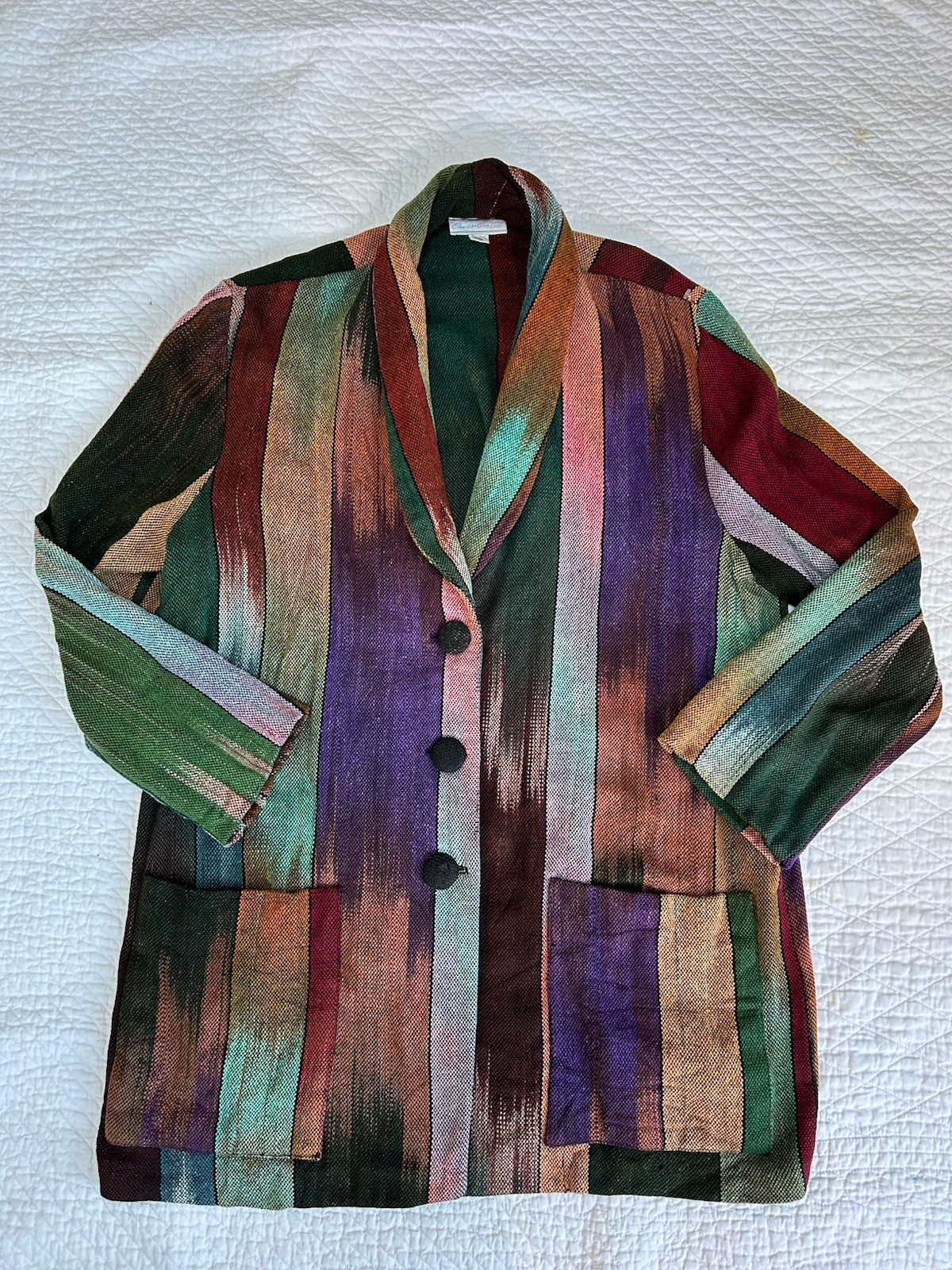 Candiss Ann Cole Vintage Silk Woven Ikat Long Cardigan Jacket Shawl Collar Med