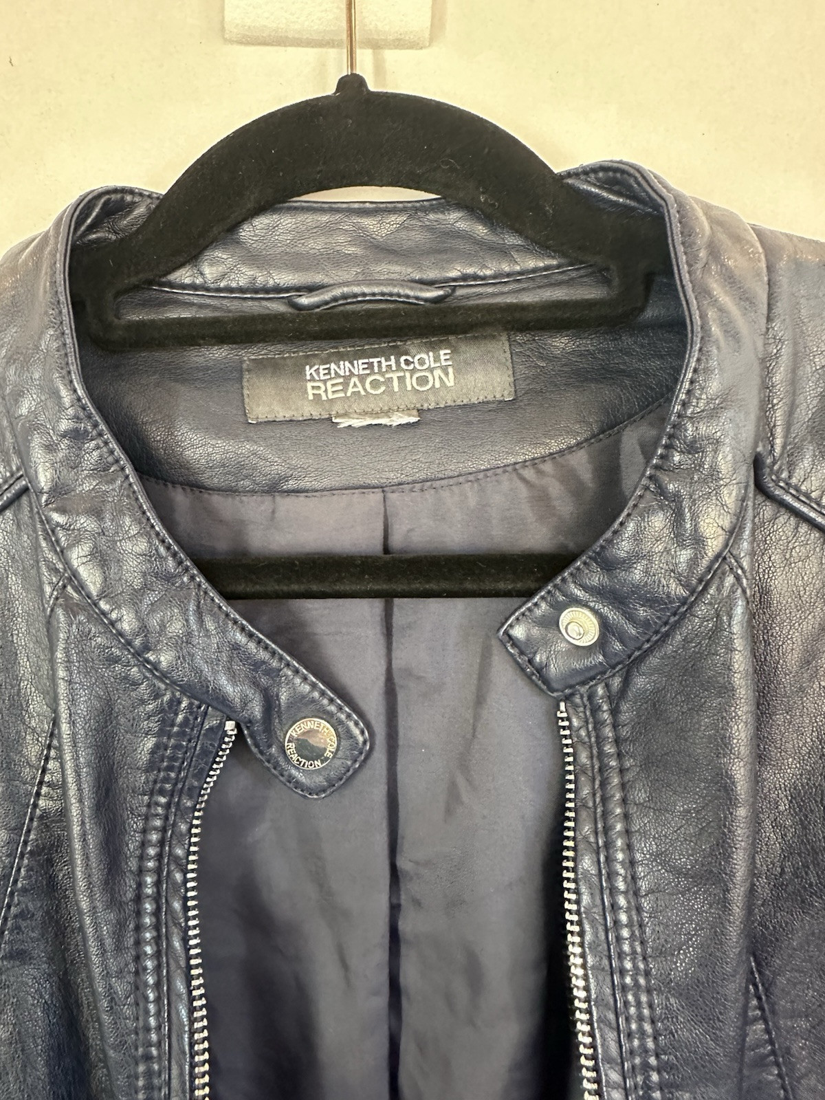 Kenneth Cole Reaction Moto Jacket Navy XL Stretch Faux Leather Designer Sturgis