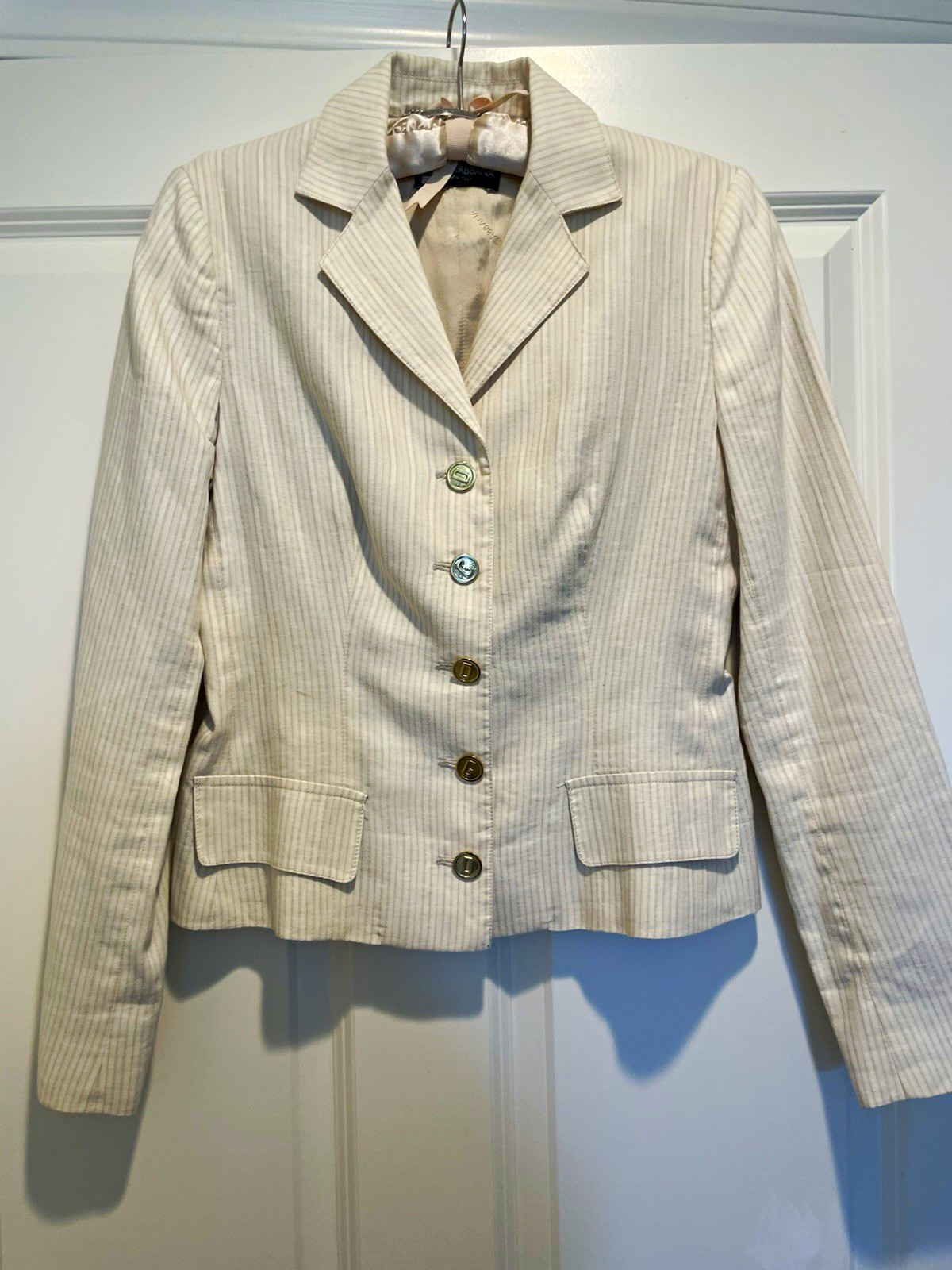 Dolce & Gabbana Women’s Cream Striped Linen Button Front Blazer Jacket Sz. 36 Sm