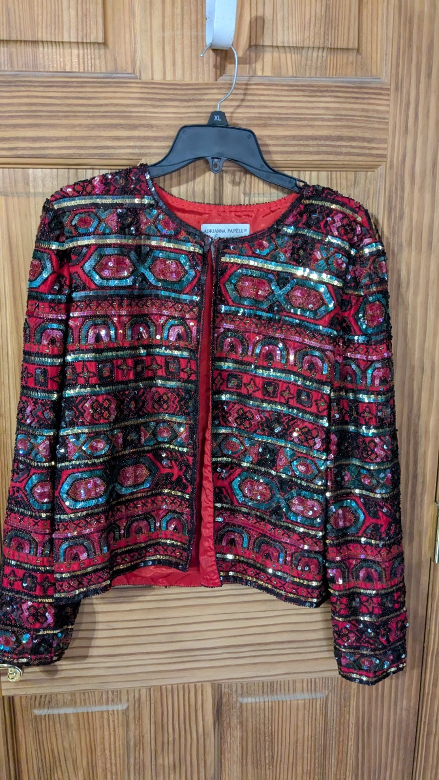 VTG Papell Boutique Evening Chinese Red Silk Beaded Sequin Jacket Old Money XL