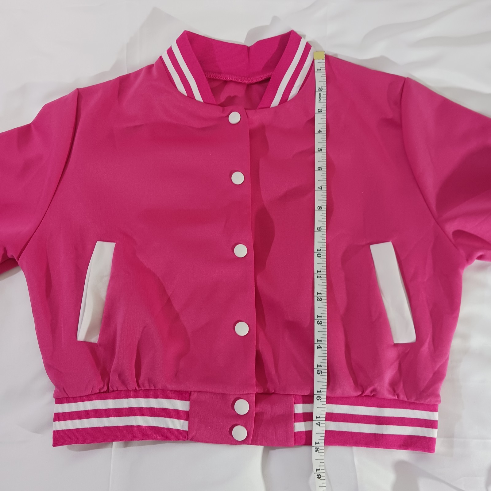 Varsity Jacket Womens Small Pink Cropped Short Sleeve Snap Front Athletic Style