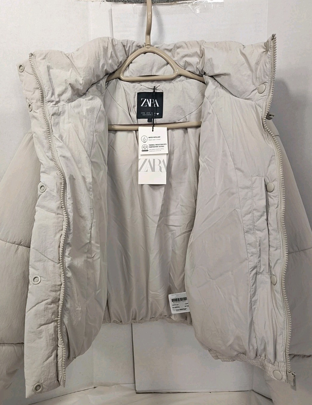 ZARA Water Repellent Windproof Hooded Puffer Jacket Ecru Beige M NWT 4749/747