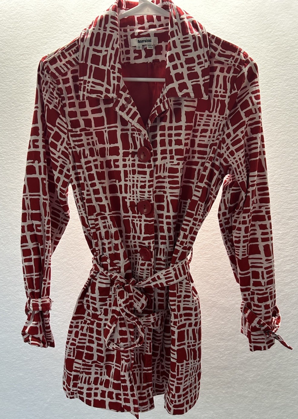 Appraisal Women’s Size Small Red & White Trench Coat/Spring Coat Belted Buttons