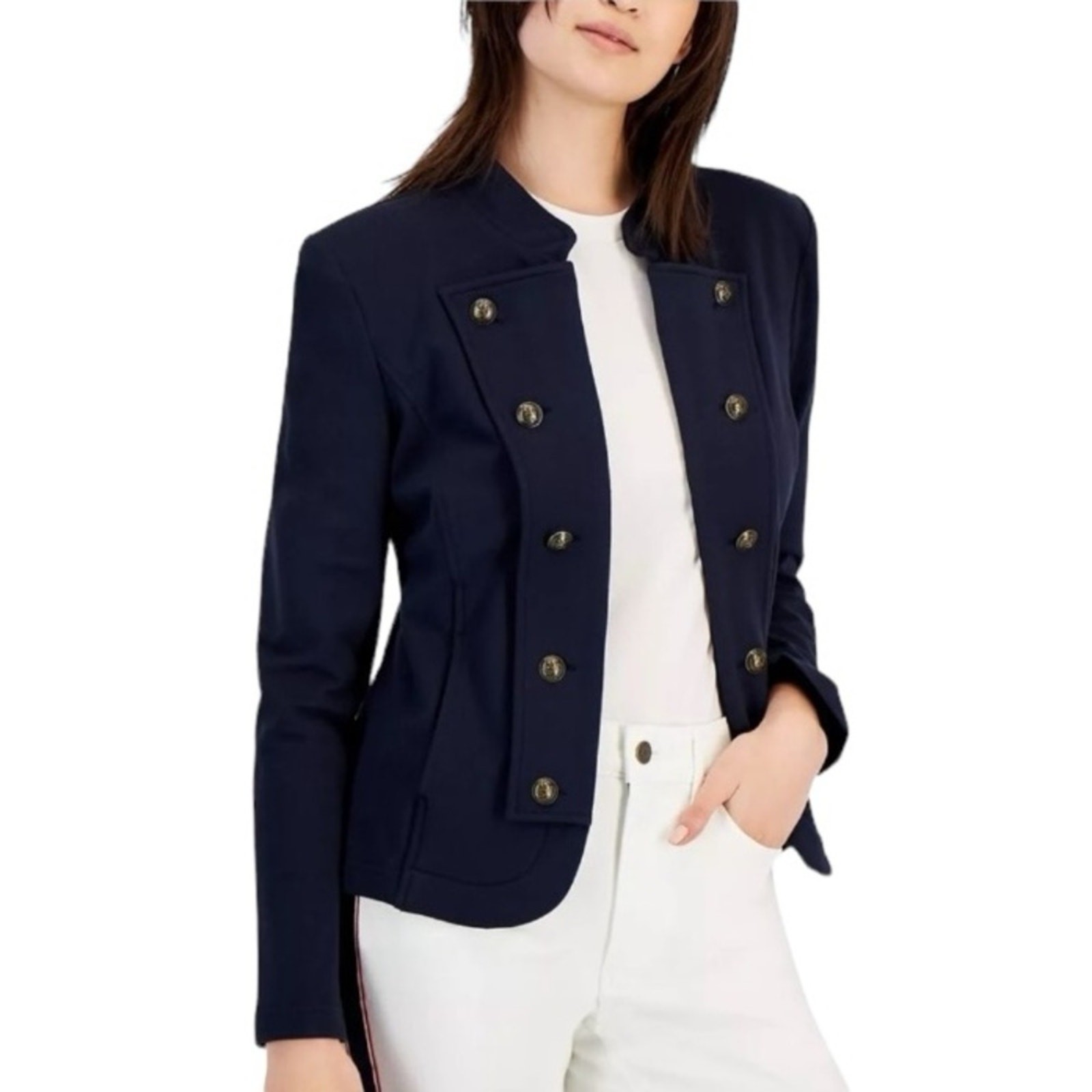Tommy Hilfiger Military Band Jacket Womens M Navy Gold Button Cropped Cotton