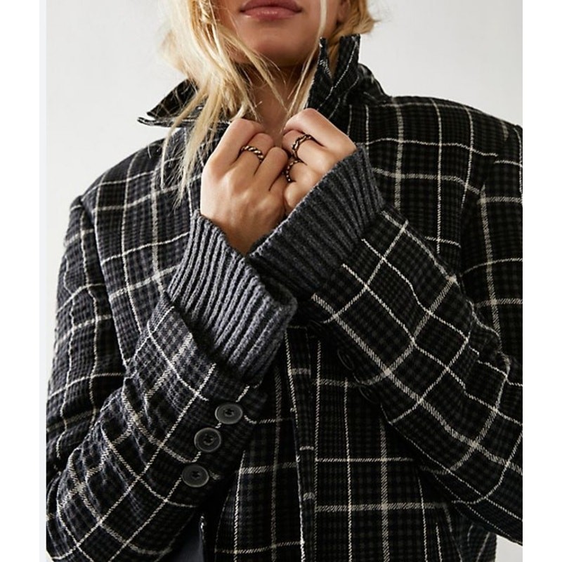 FREE PEOPLE JACKET L BLAZER OVERSIZED CHECK GINGHAM ACADEMIA GRUNGE EDGY