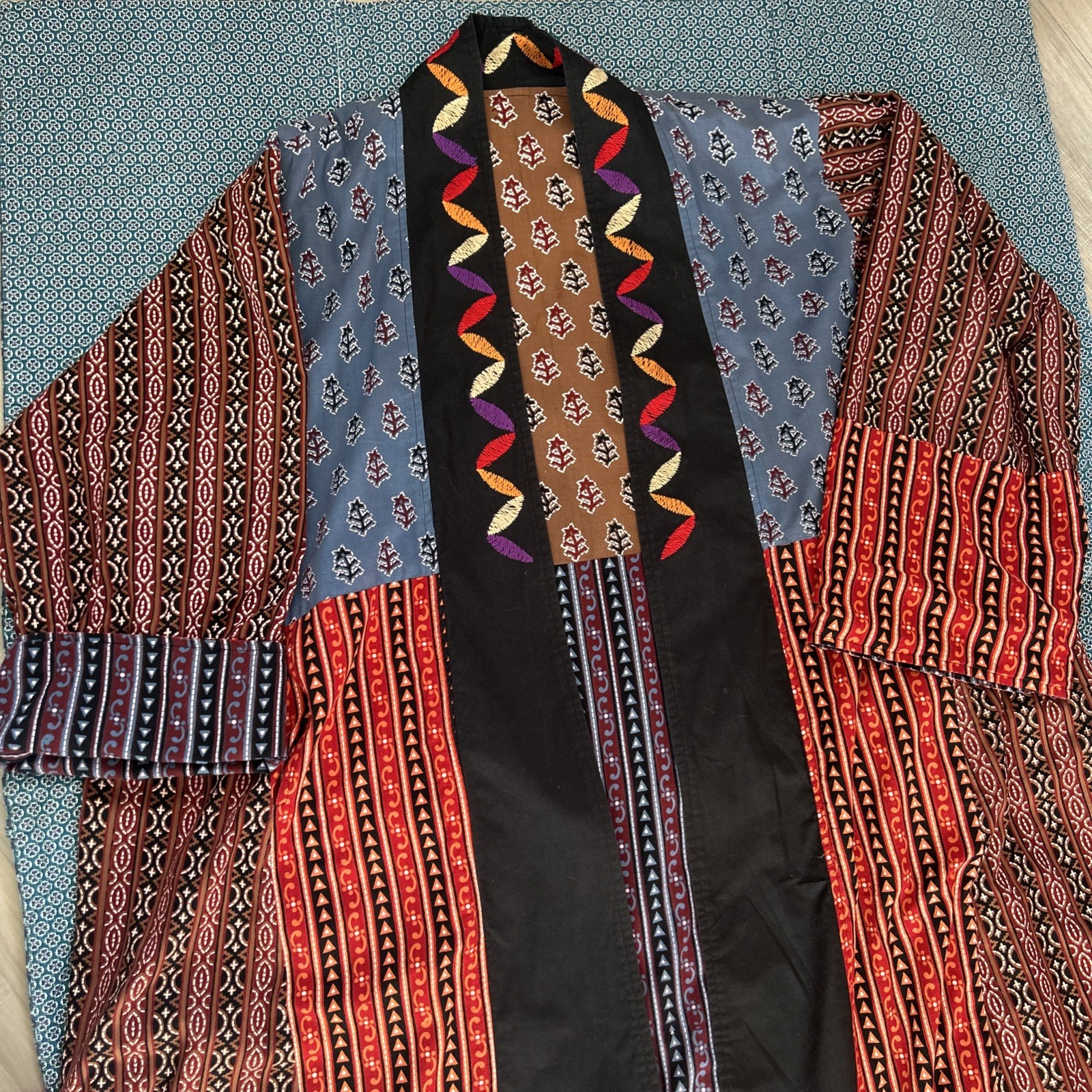 Women’s XL Patchwork Kimono Duster Long Hand Crafted Embroidered Reversible OOAK