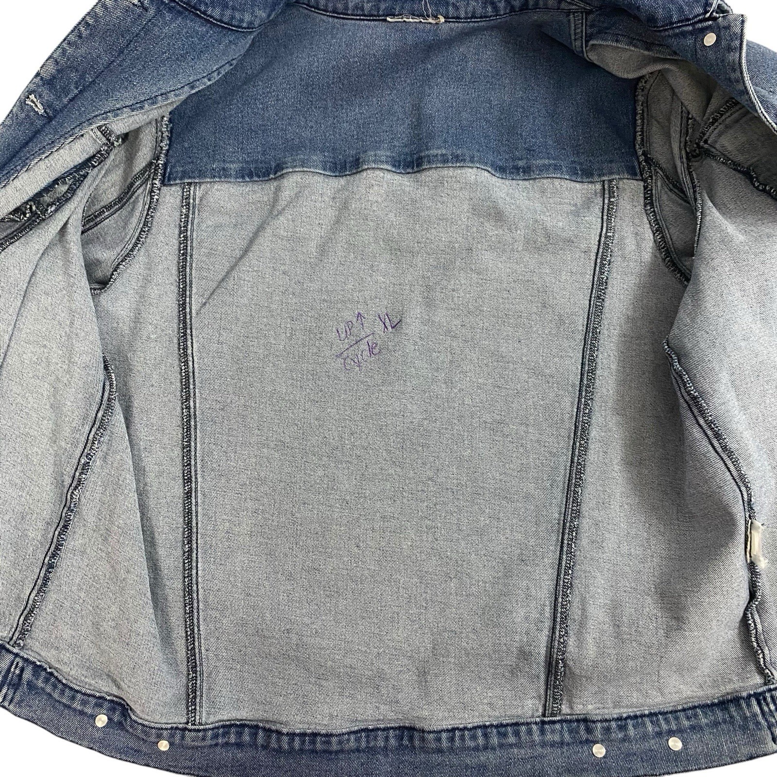 Christian Denim Jacket Womens XL Religious Church Pastor Patchwork Art Upcycled