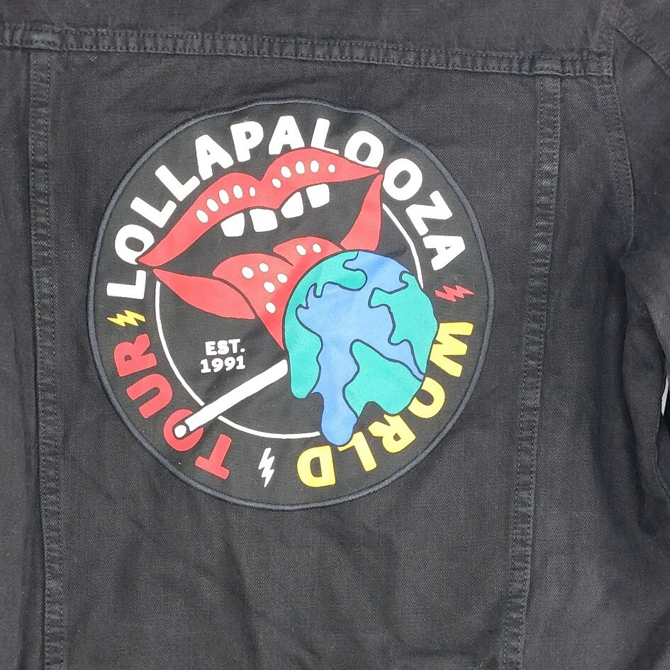 Strata Lolla Lollapalooza World Tour Jean Jacket Size Medium Black Denim