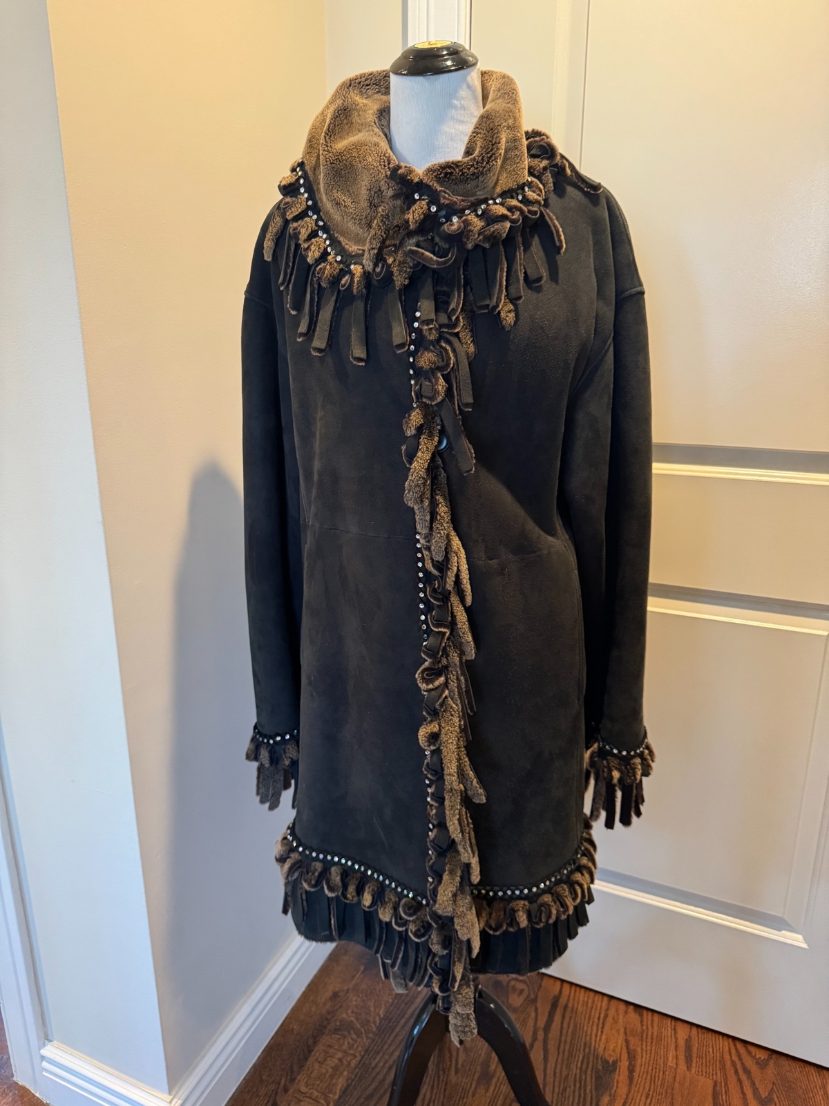 Sinclair Charcoal Gray Suede Shearling Coat Fringes SZ IT 44/US 10 EUC