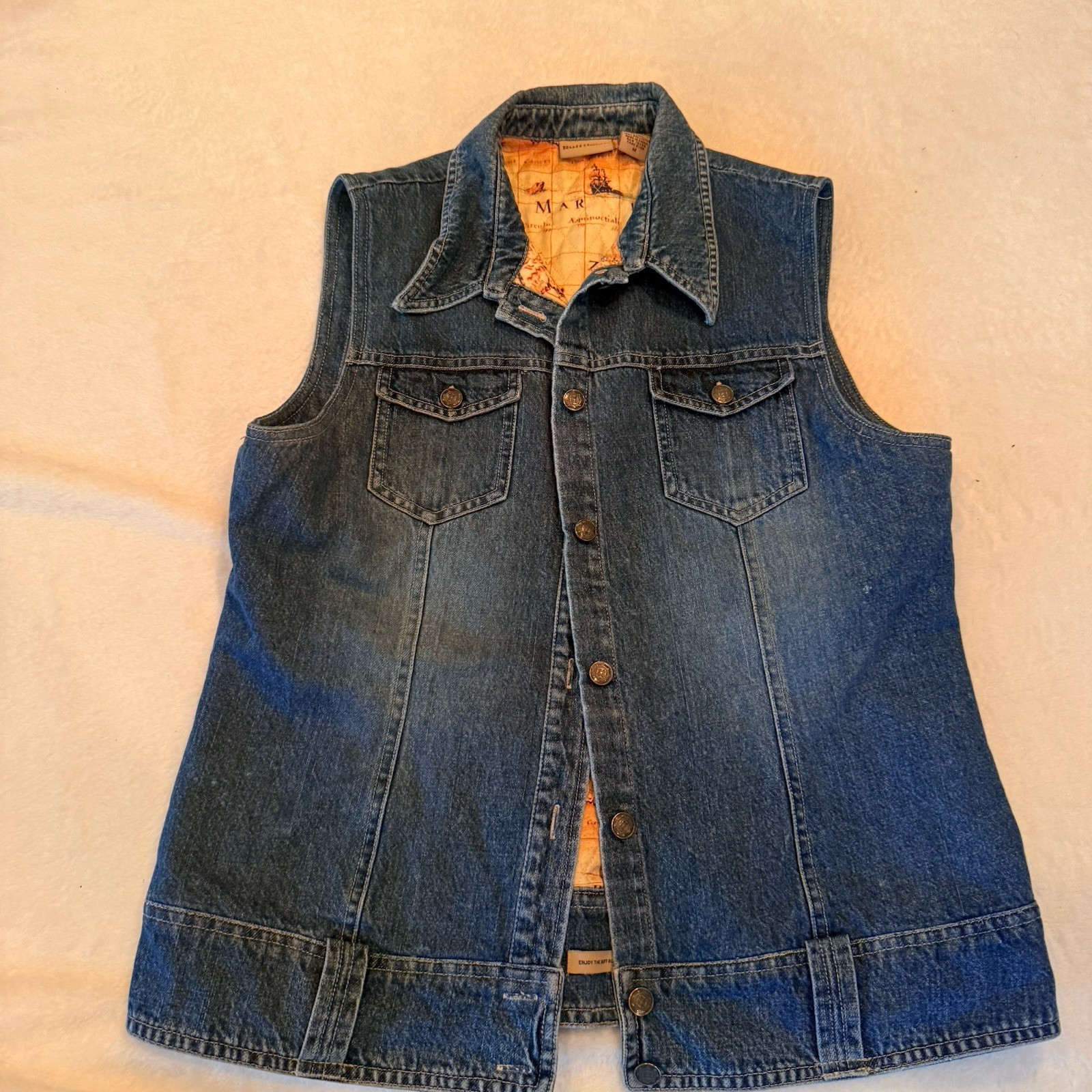 Ruff Hewn Women’s Blue Denim Vest Lined Map Print Collared Pockets Vtg Size M