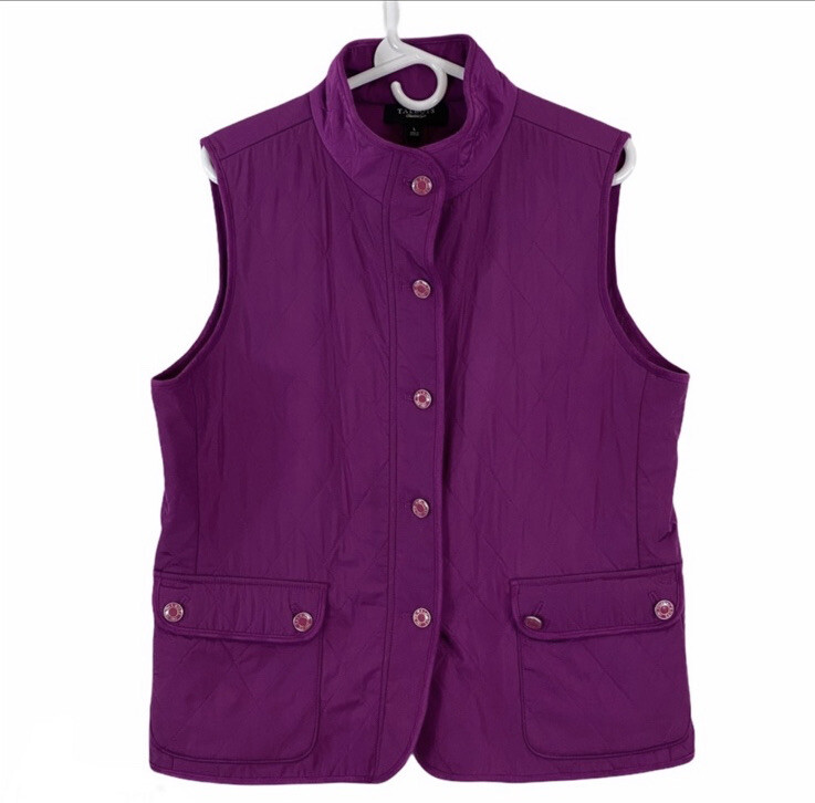 Talbots Womans Quilted Vest Size L Fleece Lined Pockets Purple Button Down