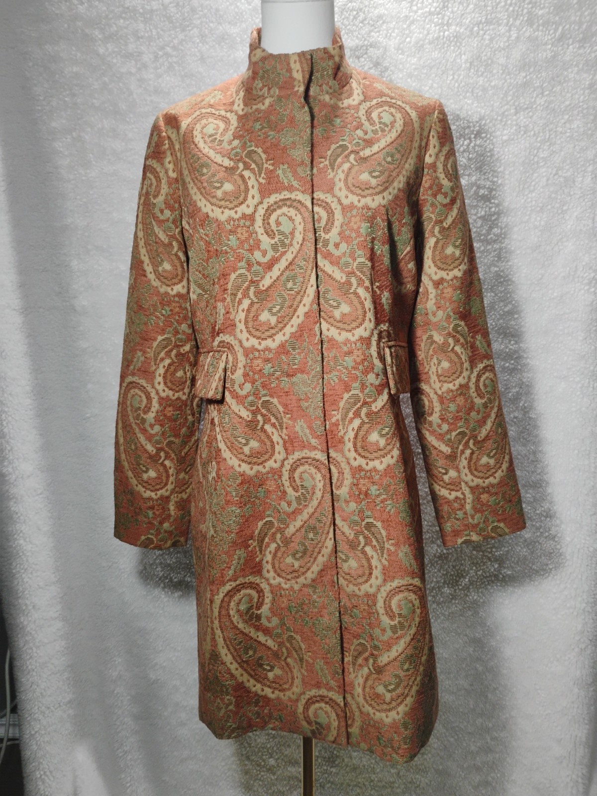 Focus 2000 Orange Paisley Patterned Long Sleeve Brocade Coat Deep Pockets Sz 8