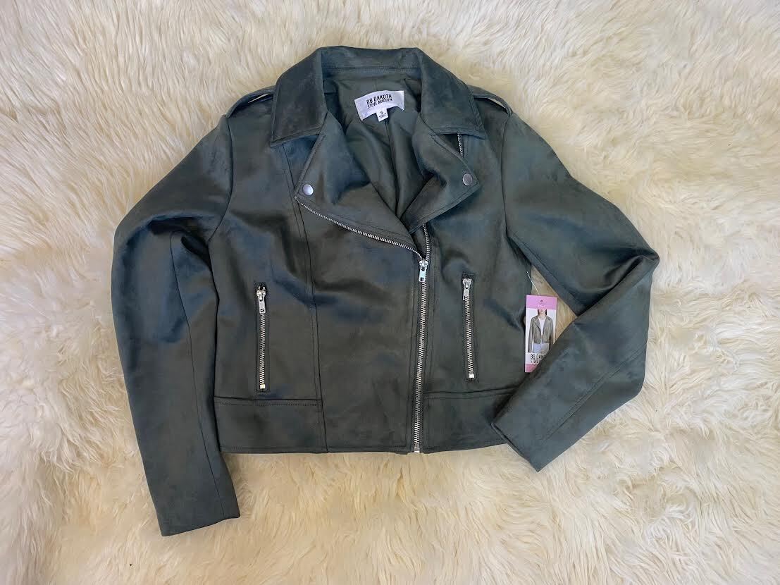 NWT $99 BB DAKOTA BY STEVE MADDEN Women L VEGAN Faux Suede Moto Jacket in Green