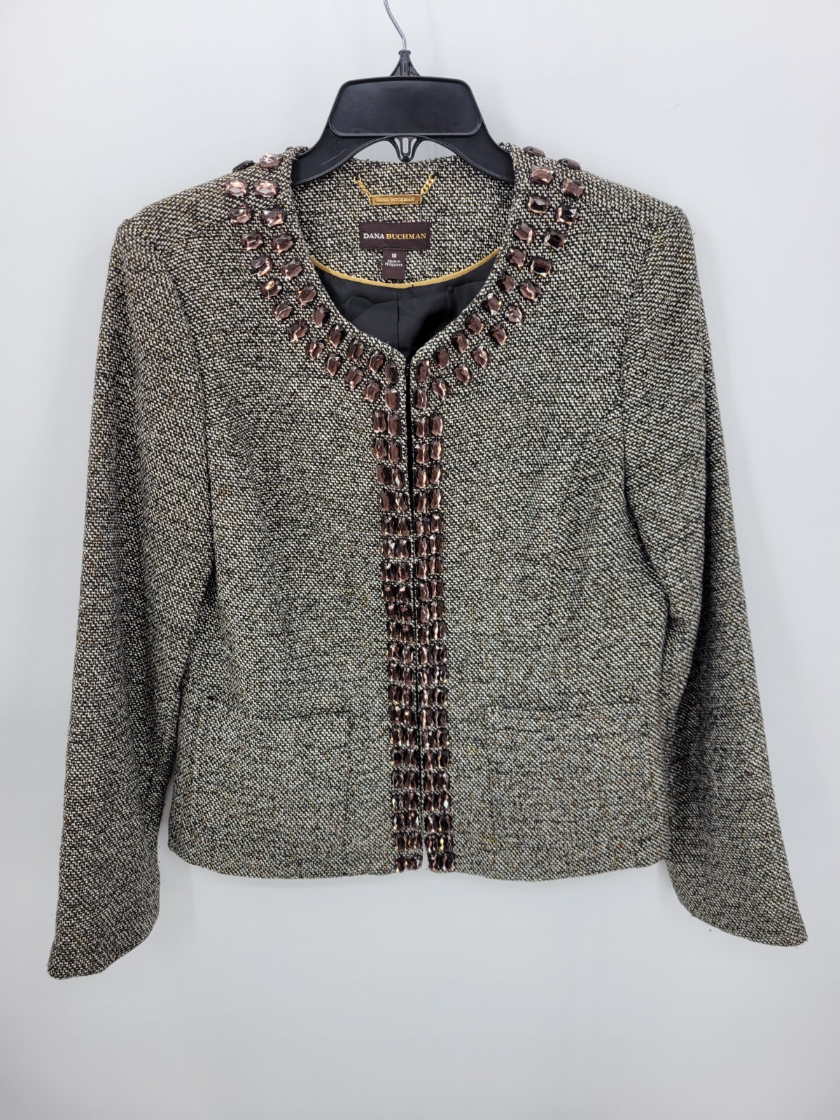 Dana Buchman Blazer Womens 10 Tweed Jeweled Old Money Country Club Jacket
