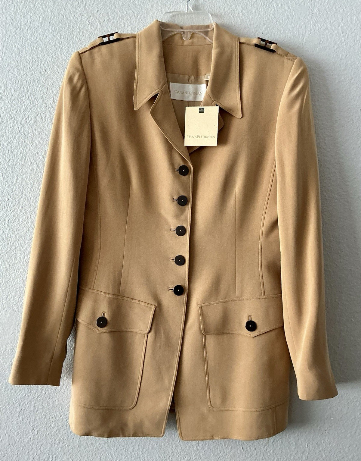 Dana Buchman Women’s Beige Silk Button-Front Lined Pocket Long Blazer 8