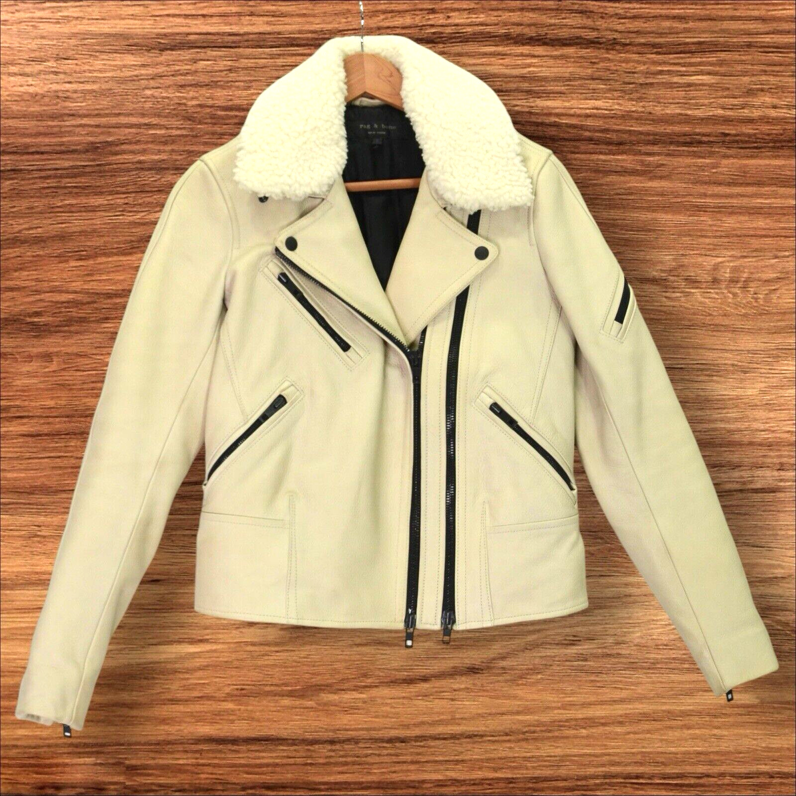 Rag & Bone Minerva Leather Jacket Womens Size 2 Asymmetrical Off White