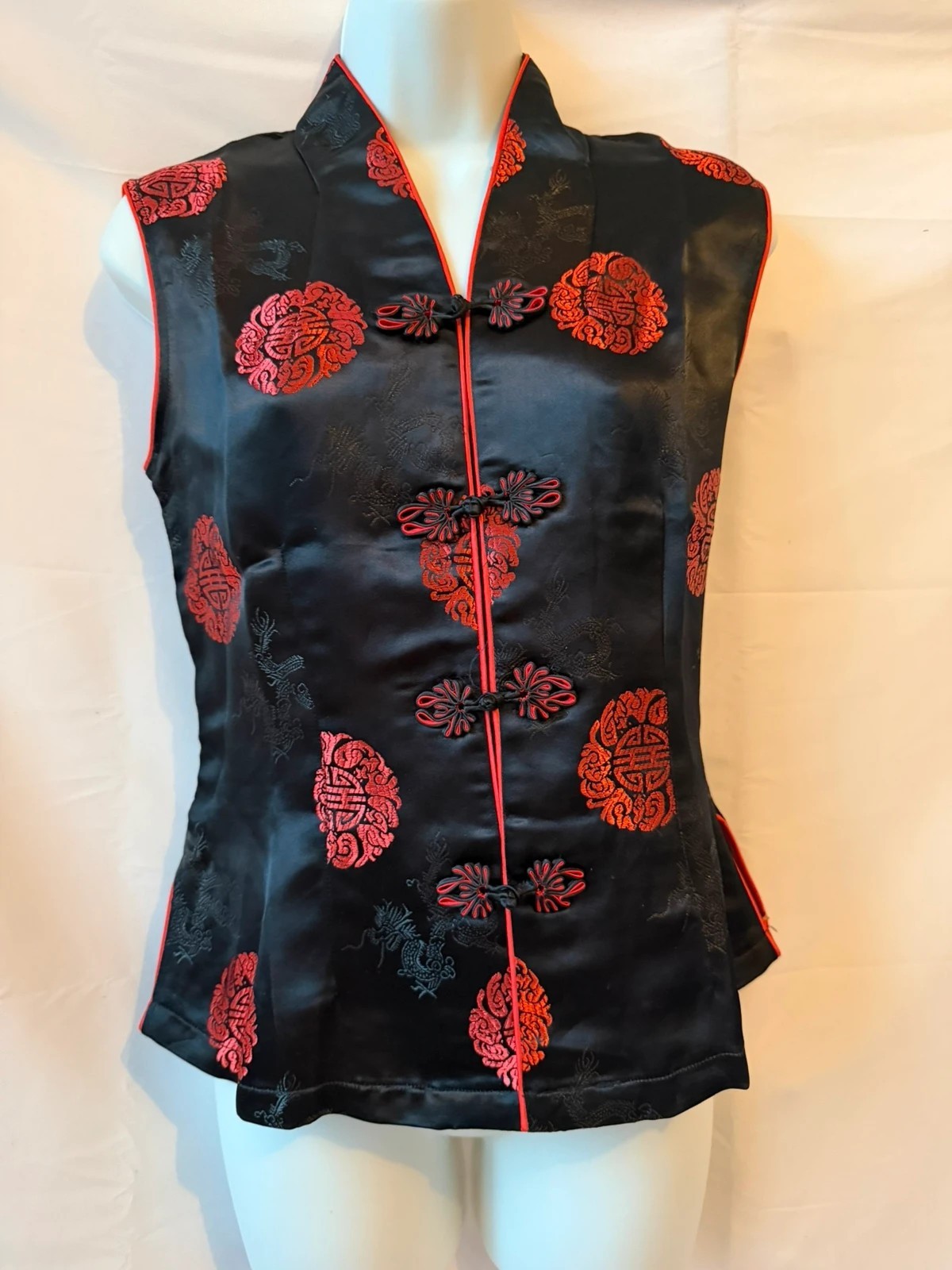 Vintage Chinese Style Satin Waistcoat Black & Red Frog Closure Mandarin Collar L