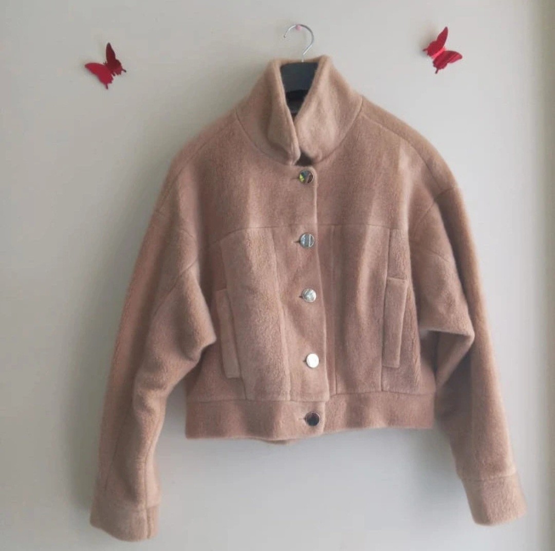 Sempre With Love Cropped Jacket Funnel Neck Boxy Button Up Camel Beige Size M