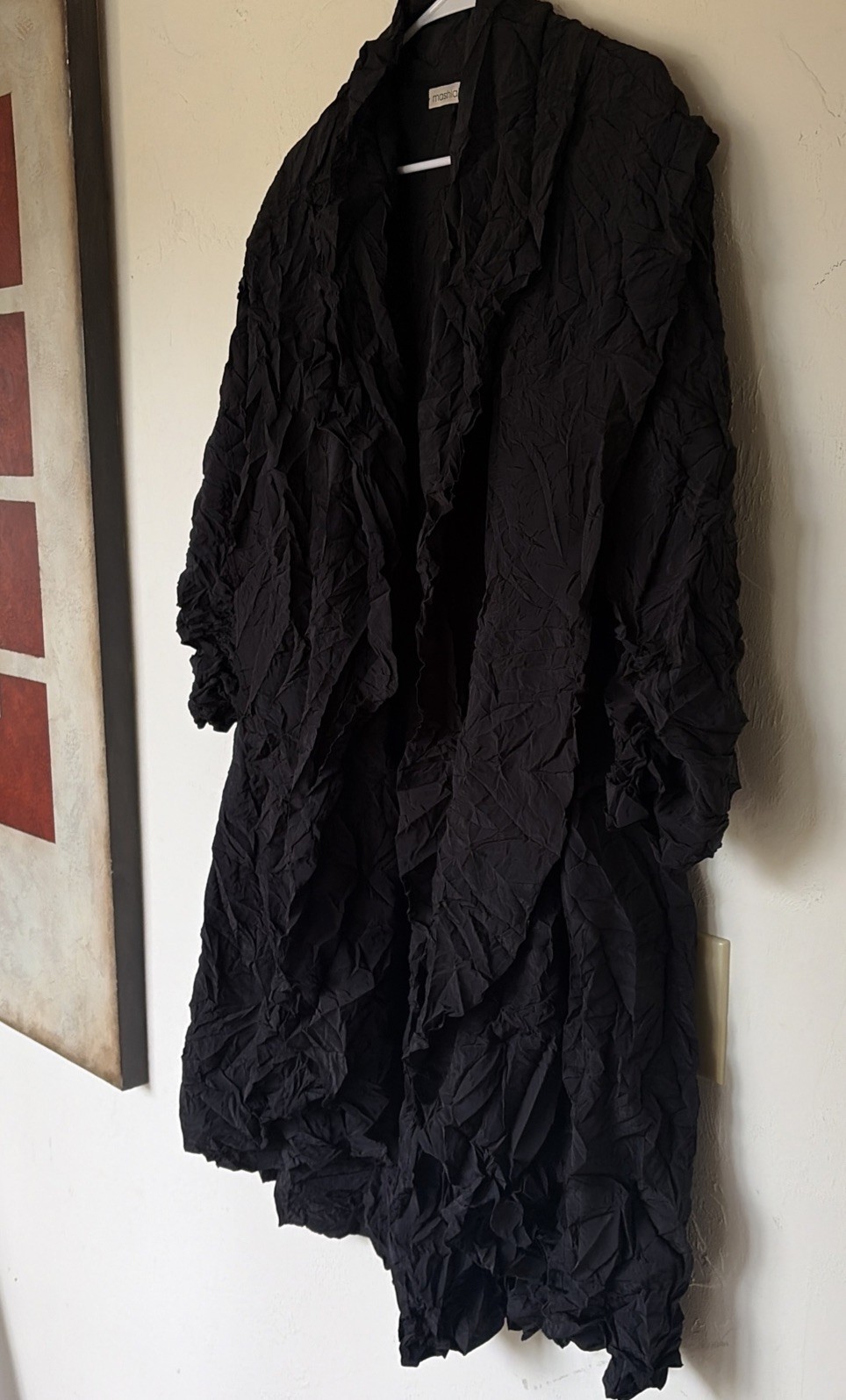 Couture MASHIAH Black Crinkle Pleated Asymmetrical Open Front Jacket Duster Sz S