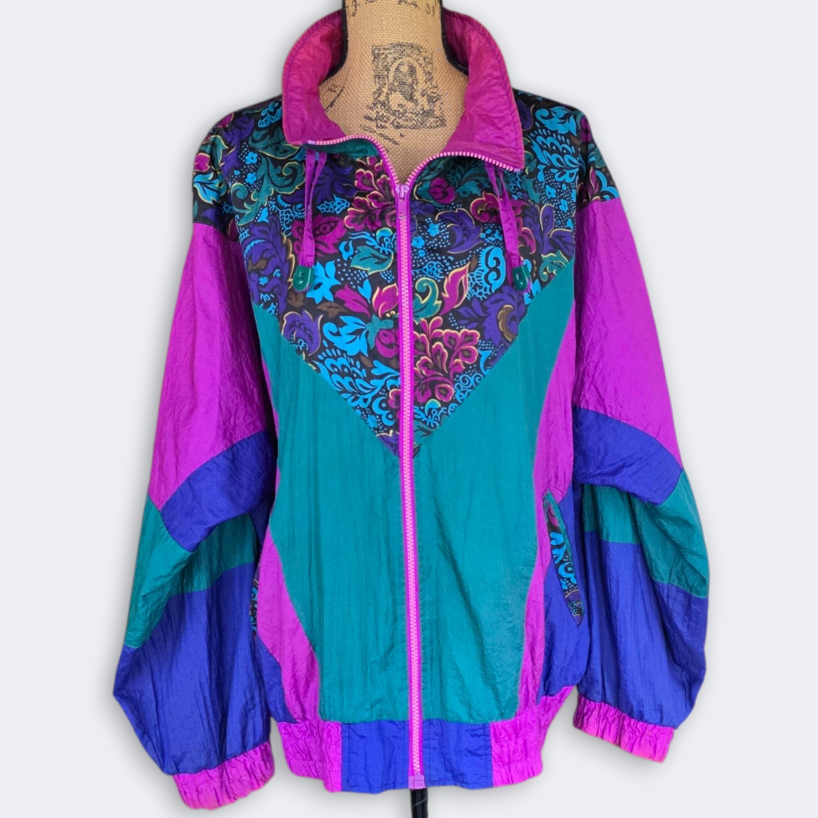 Vintage 80s Abstract Art Flower Bomber Jacket Womens 20 XL Colorblock Hip Hop