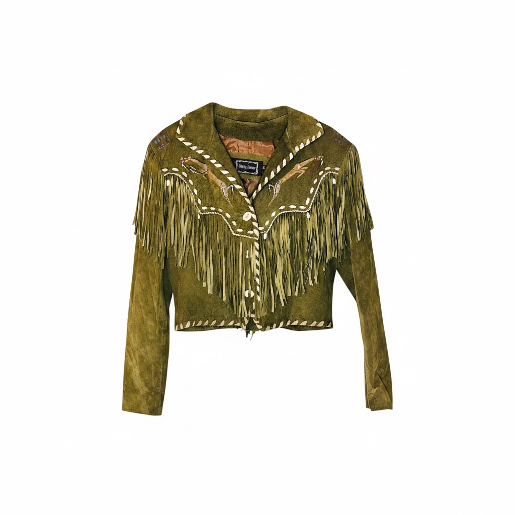 Green Suede Leather Fringed Hand Painted Jacket Patty Lewis Medium