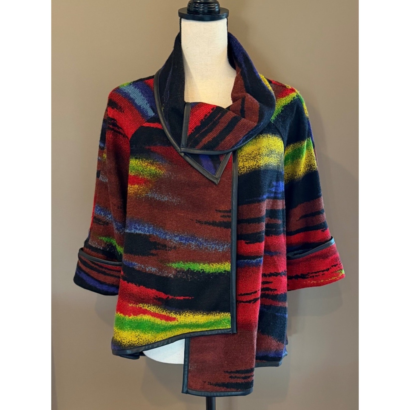 Joseph Ribkoff Multi-color Asymmetrical faux leather trim Jacket, Size 10