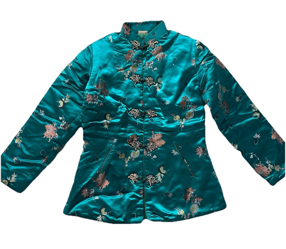 Vintage Women’s SILK SATIN Jacket Hong Kong Turquoise New Size S Kimono