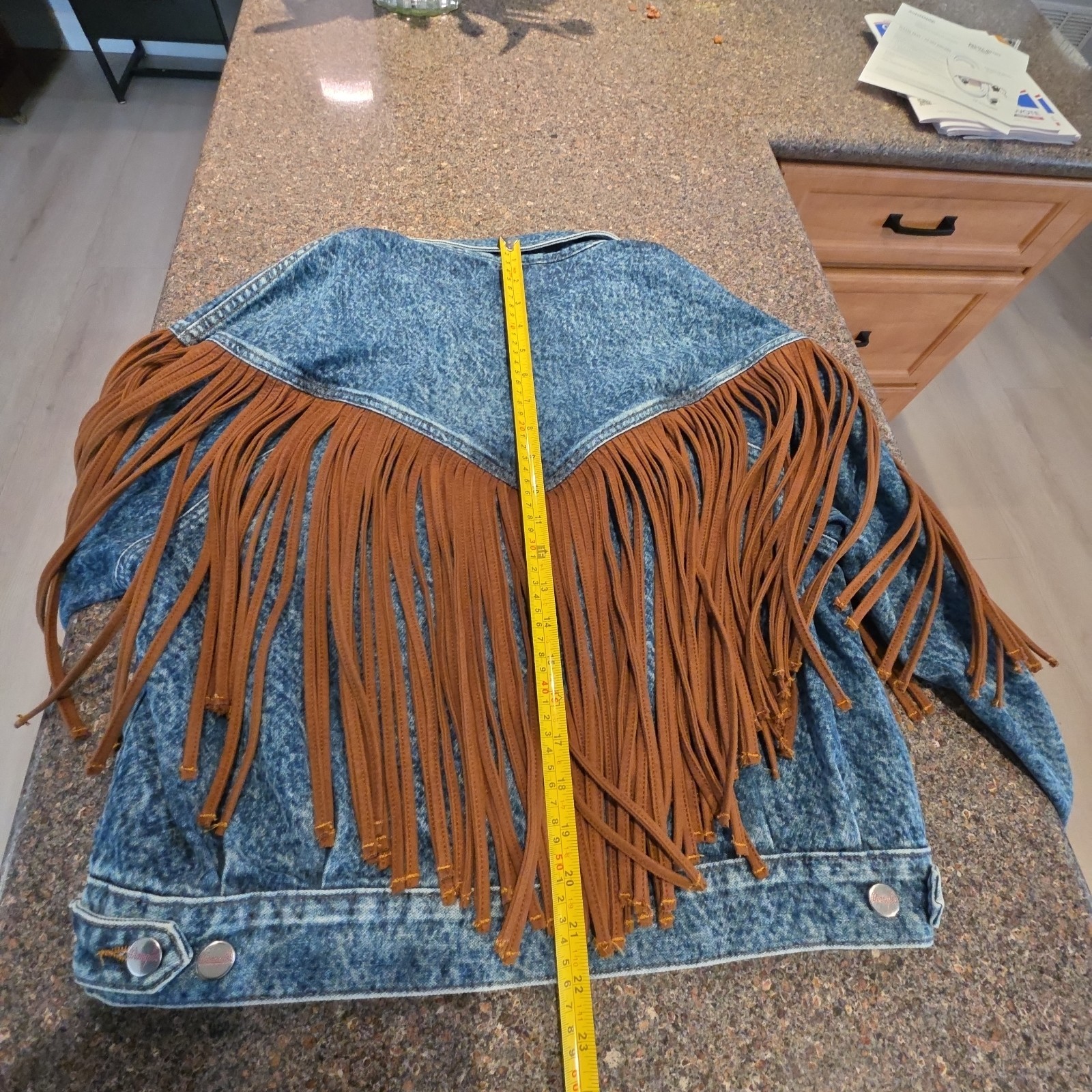 Wrangler X Fender Blue Acid Denim Jacket Leather Fringe Wmns S All Cotton NWOT