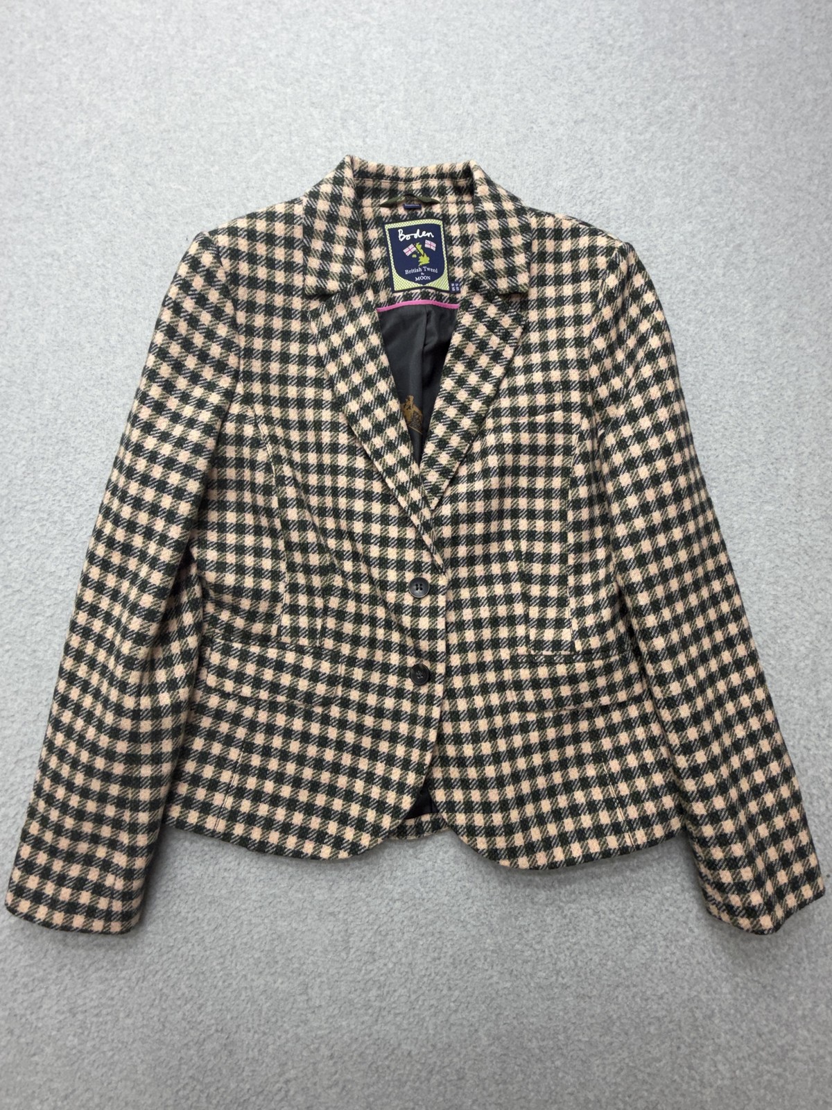 Boden Blazer Womens 12 Beige Check British Tweed Wool Lined Moon Jacket
