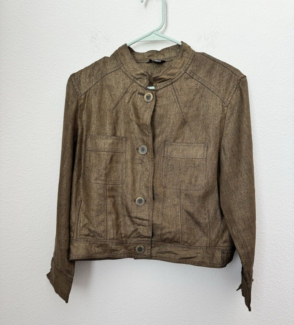 Kenneth Cole Reaction Women’s Gold Metallic Button Down Jacket Linen Pockets 8