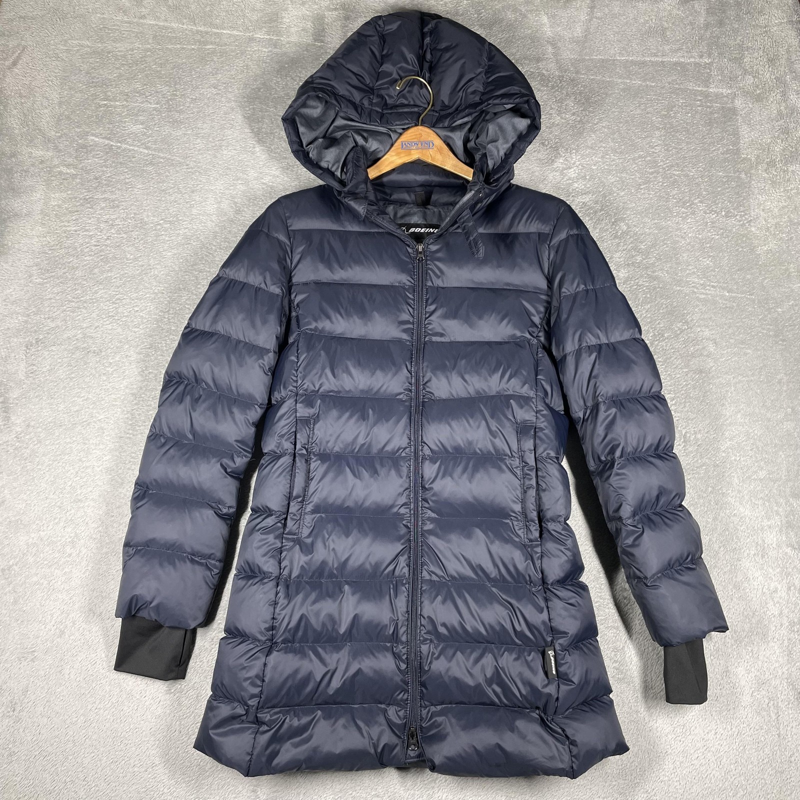 Boeing Coat Womens L Blue Puffer Hooded Insulated Lined 550 Fill Duck Down