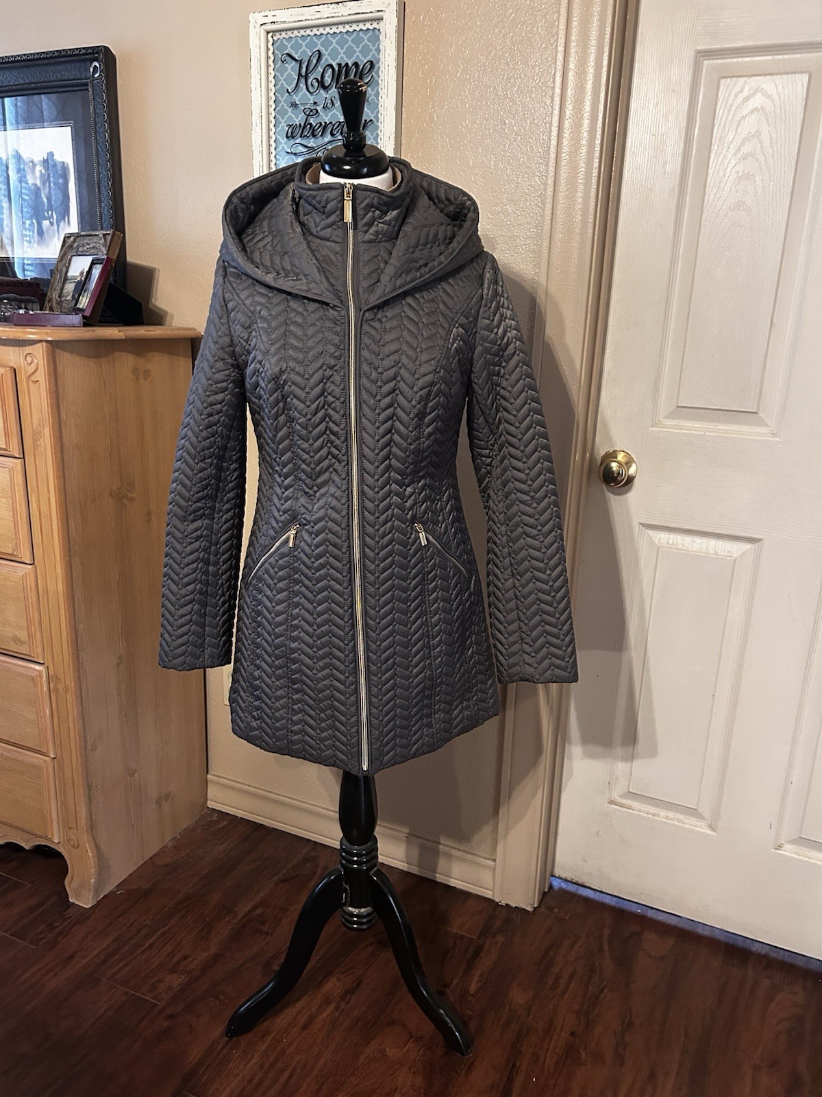 Laundry by Shelli Segal Women’s L Gray Mid-Length Hooded Puffer Coat