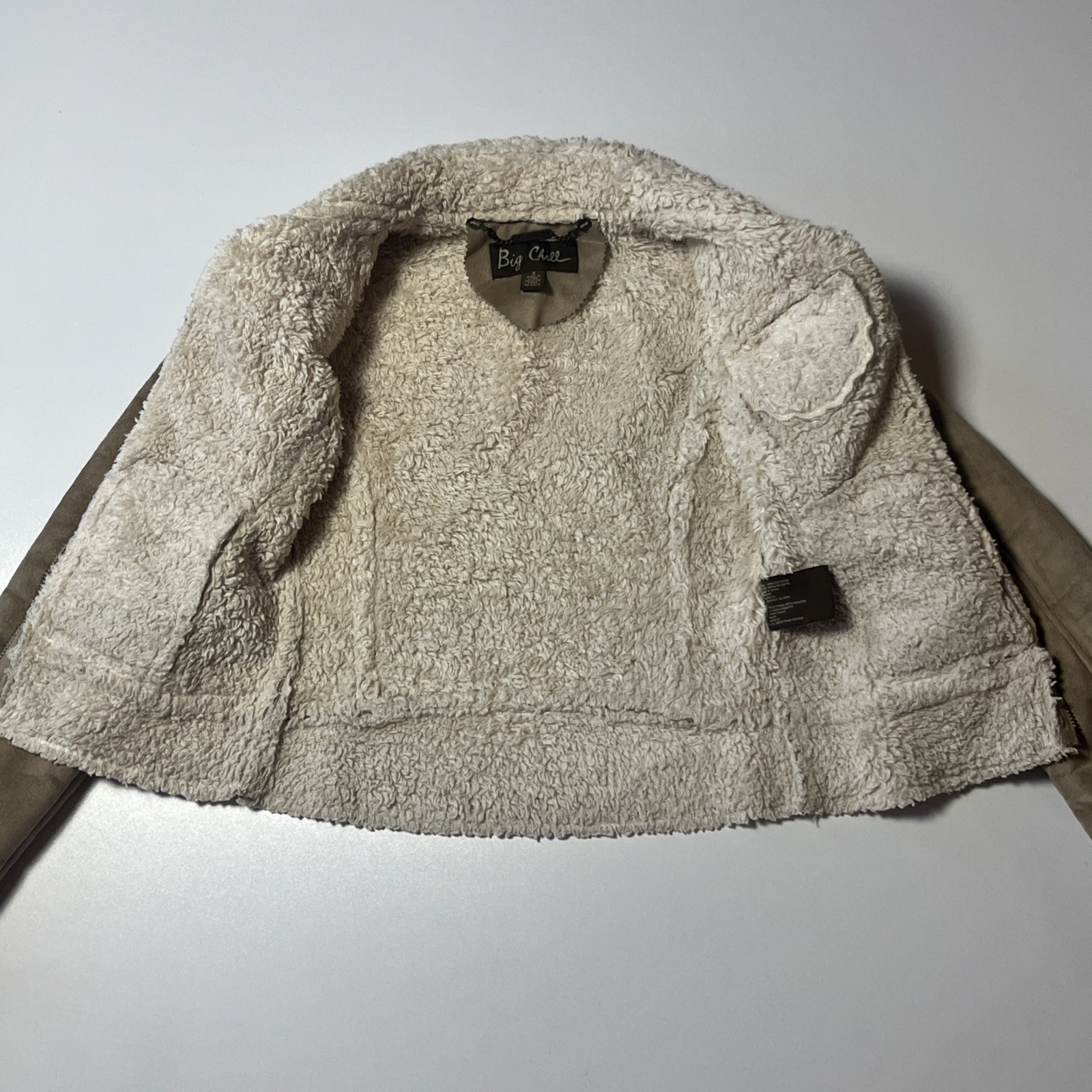 Big Chill Sherpa Lined Faux Suede Jacket Size S Tan Short Aviator Style Coat