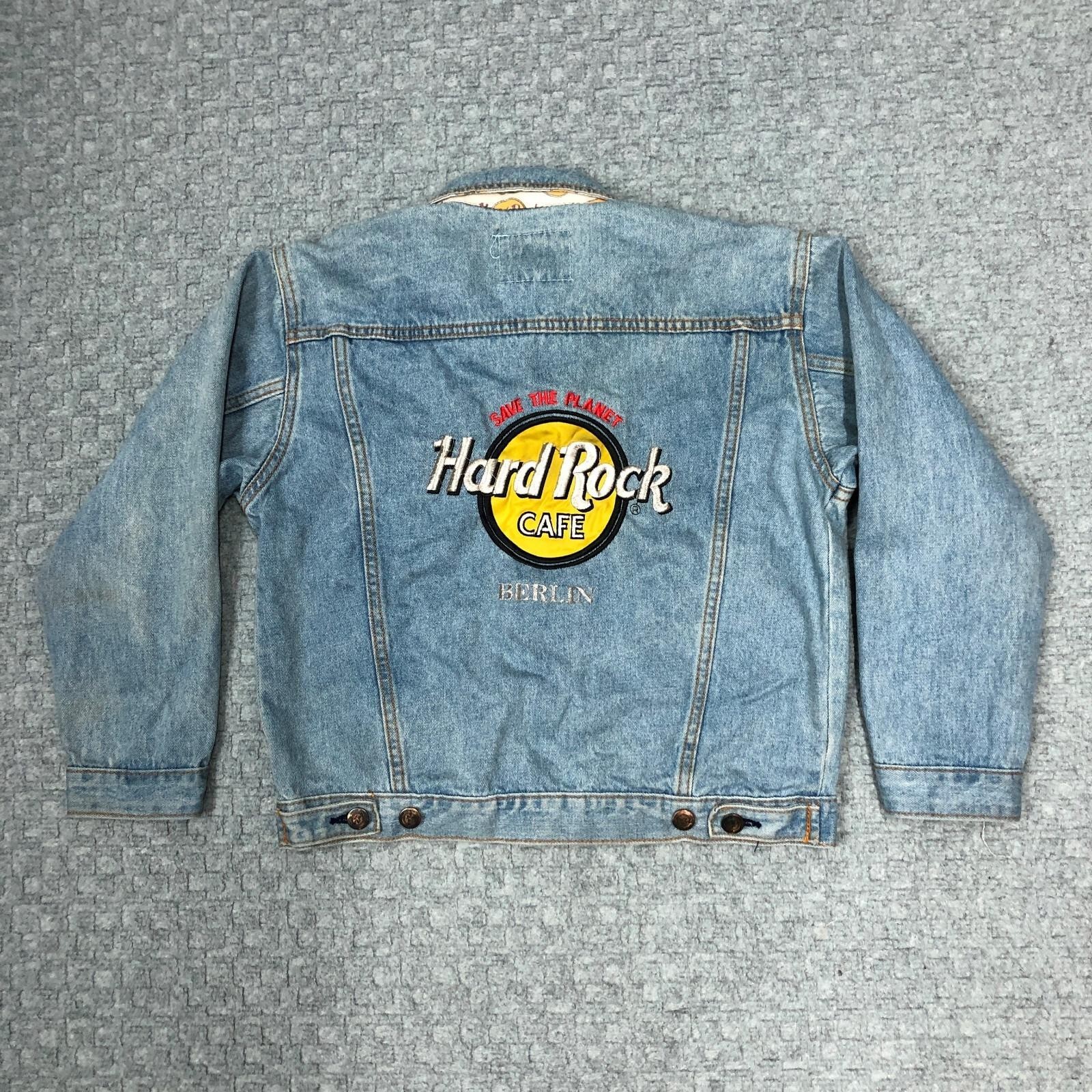 Vintage Hard Rock Cafe Jacket Youth 10 Blue Denim Berlin Trucker Embroidered 90s