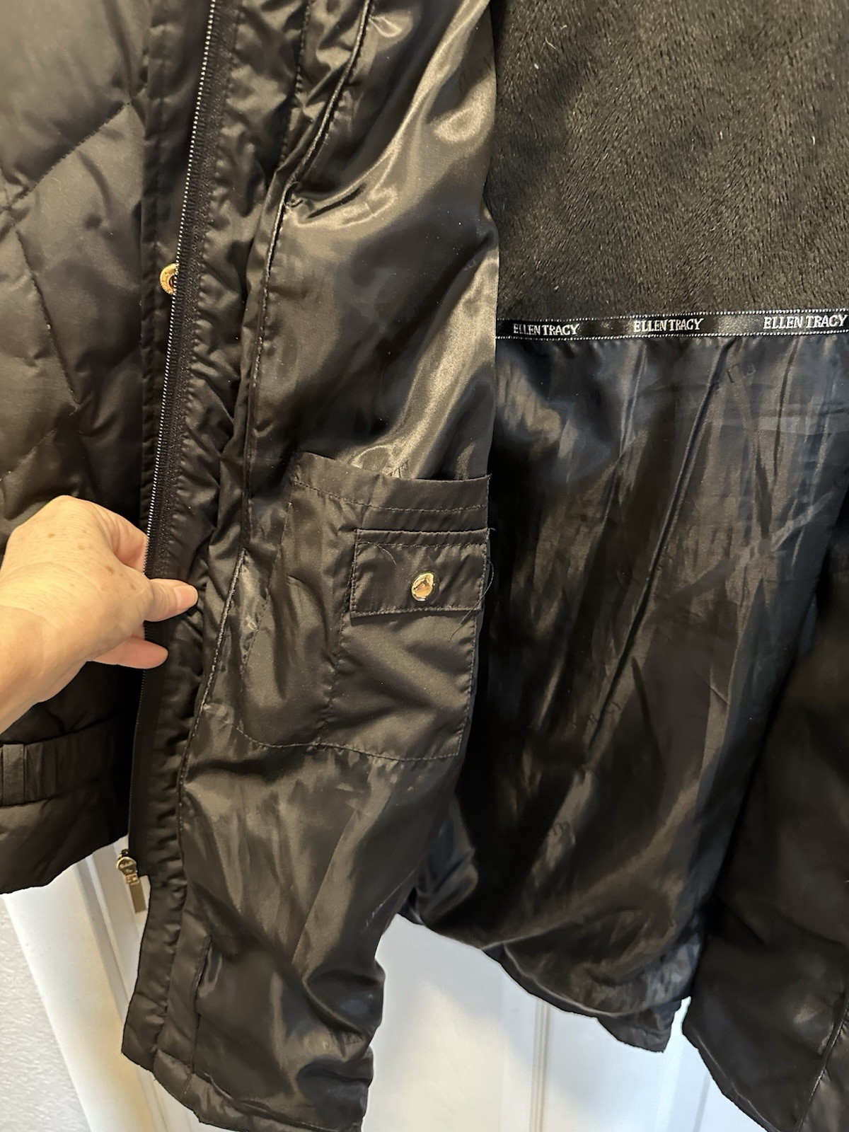 Ellen Tracey Puffer Mid-Length Belted Hooded Jacket With Gold Accents