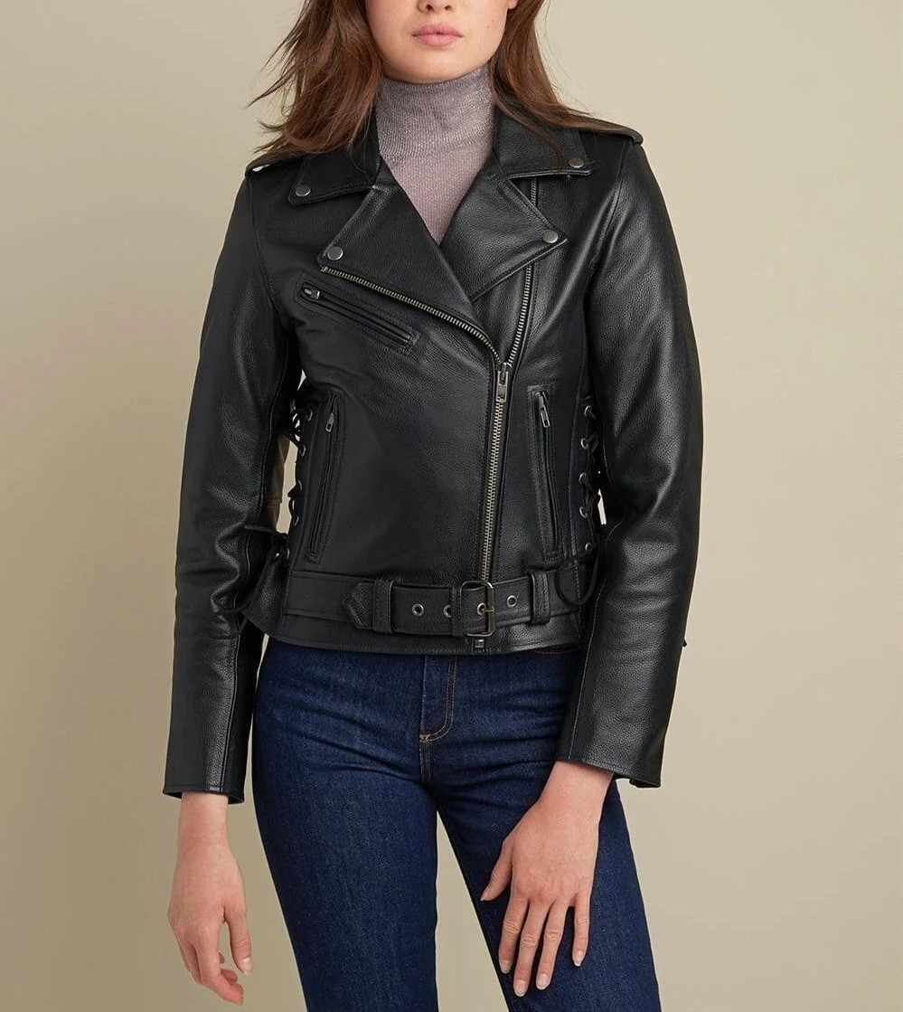 Women’s Black Brando Cross Zip Biker Motorcycle Genuine Cowhide Leather Jacket