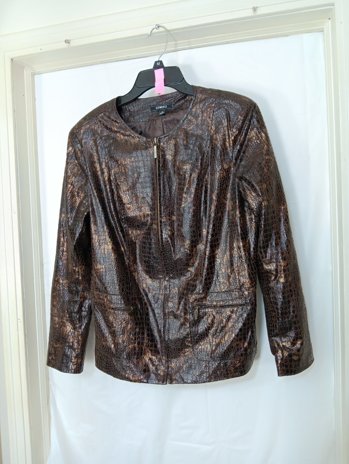 Elementz Women’s brown faux leather jacket distinct textured snake print Size S