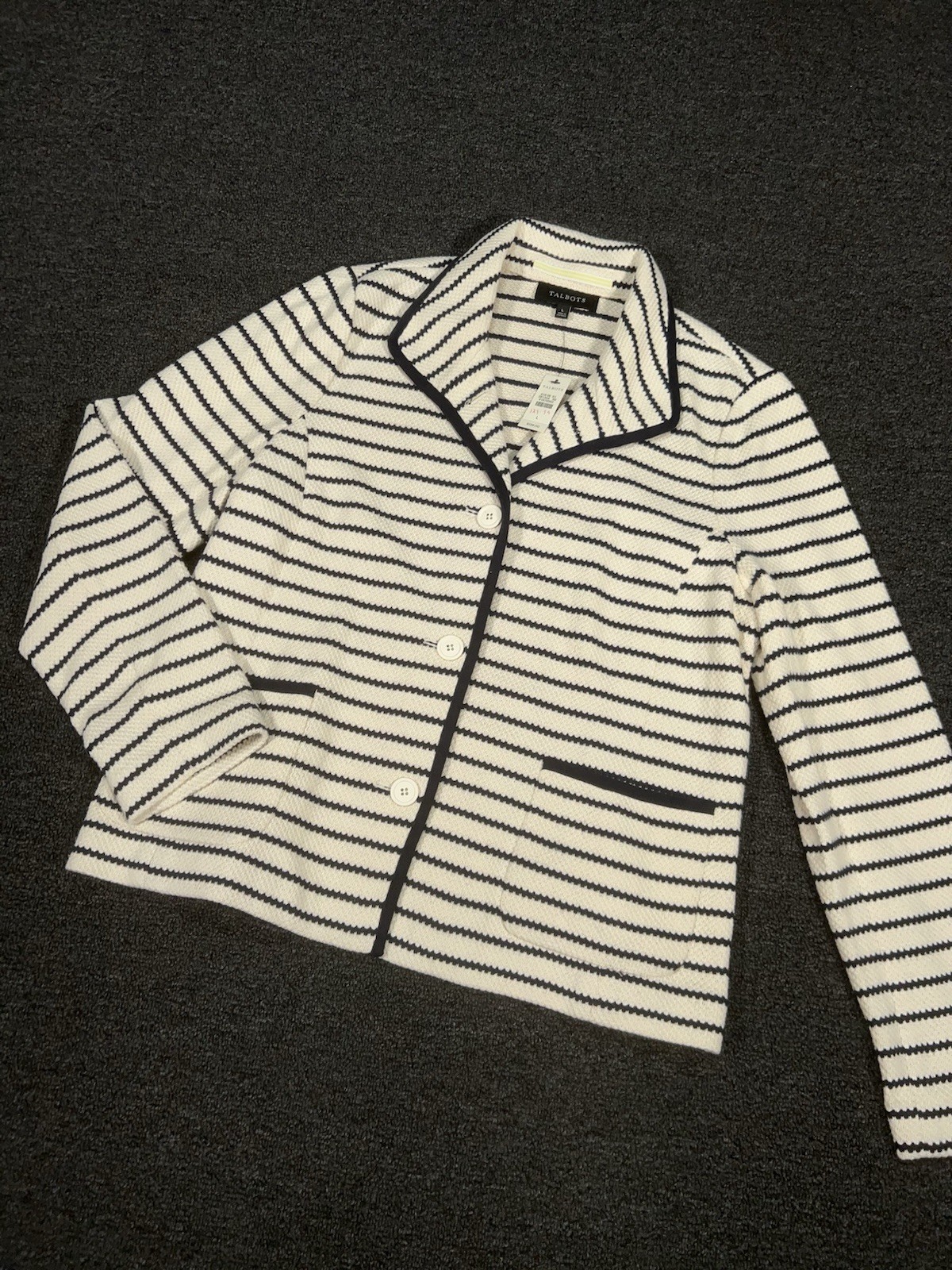 New Talbots Blazer Jacket Women’s Large Beige Knit Striped Nautical Preppy