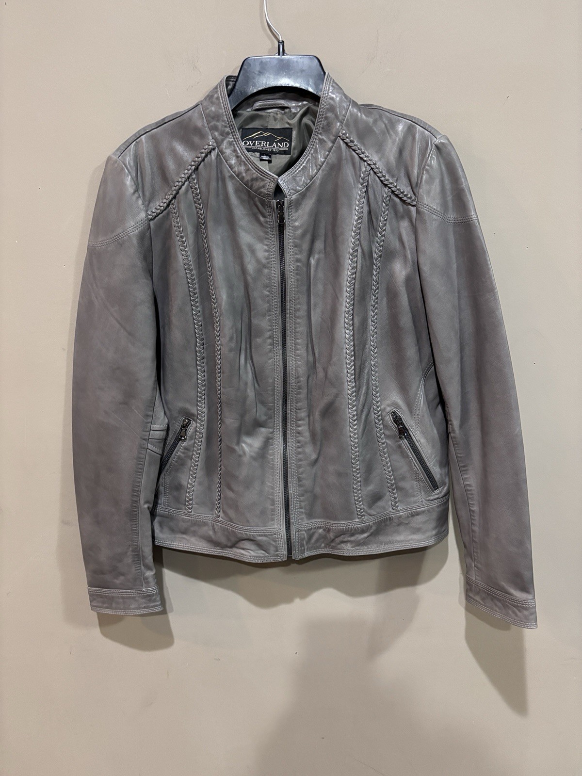 Overland 100% Lamb Leather Jacket Gray Braided Detail Women’s Size L