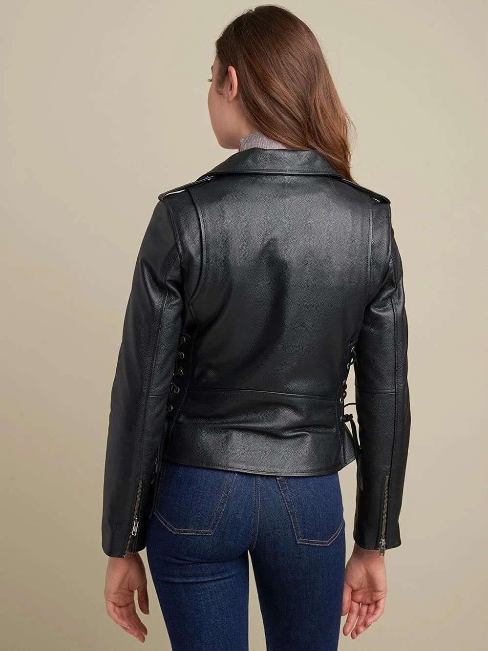 Women’s Black Brando Cross Zip Biker Motorcycle Genuine Cowhide Leather Jacket