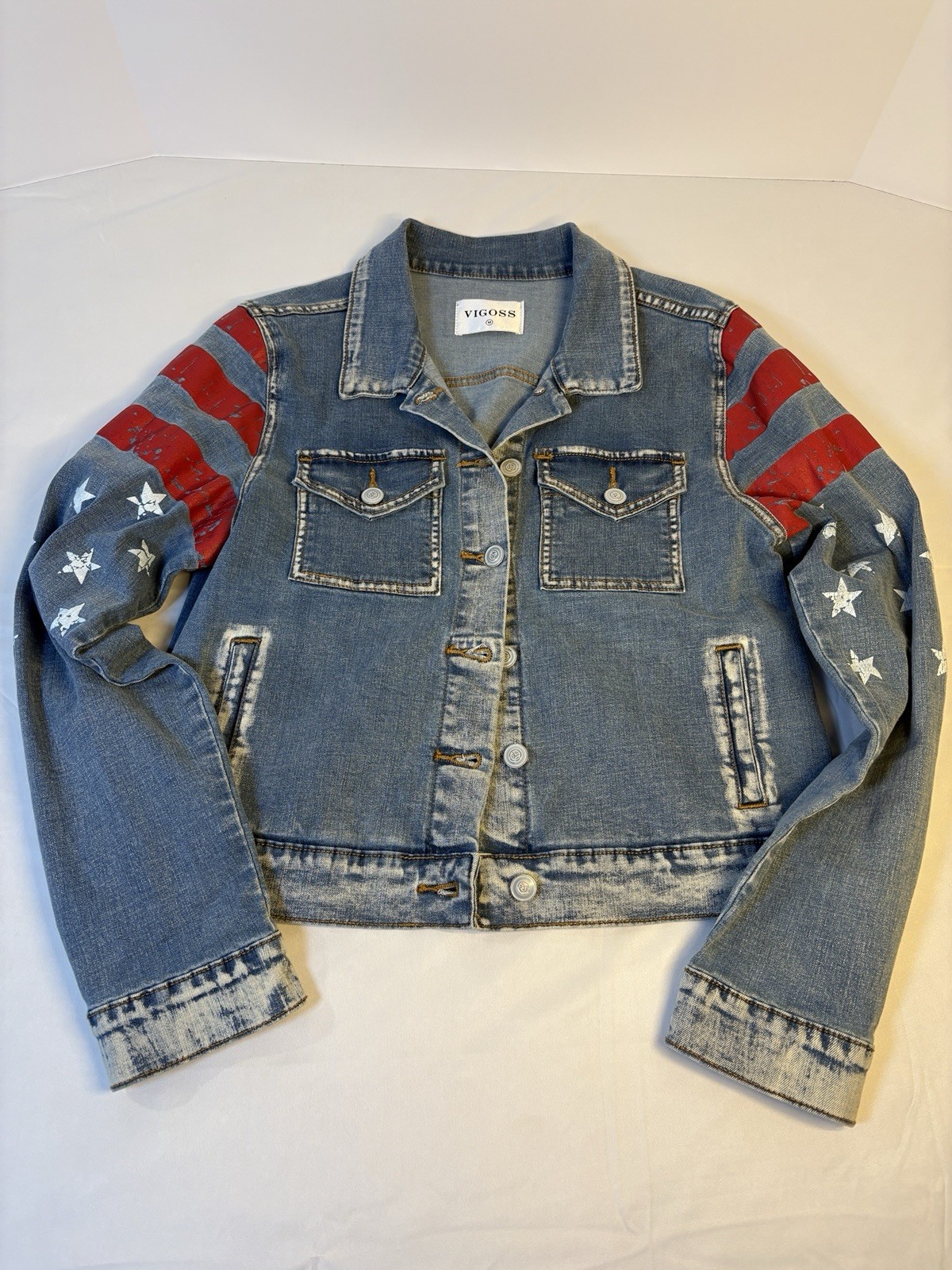 Vigoss Blue Jean Jacket Stars & Stripes Woman M Americana Patriotic 4th of July