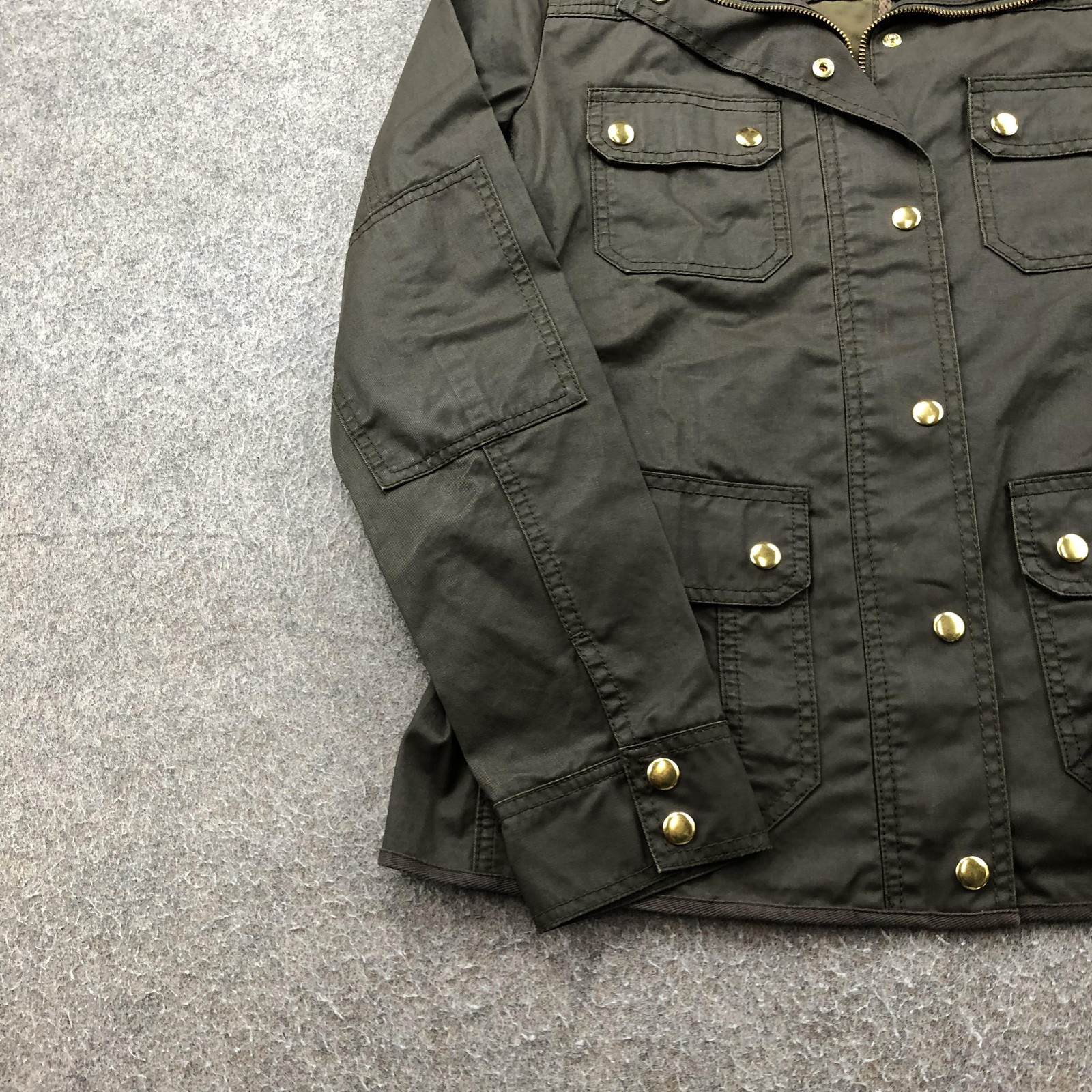 J Crew Jacket Womens Small Olive Green Utility Field Coat Gold Snaps Pockets