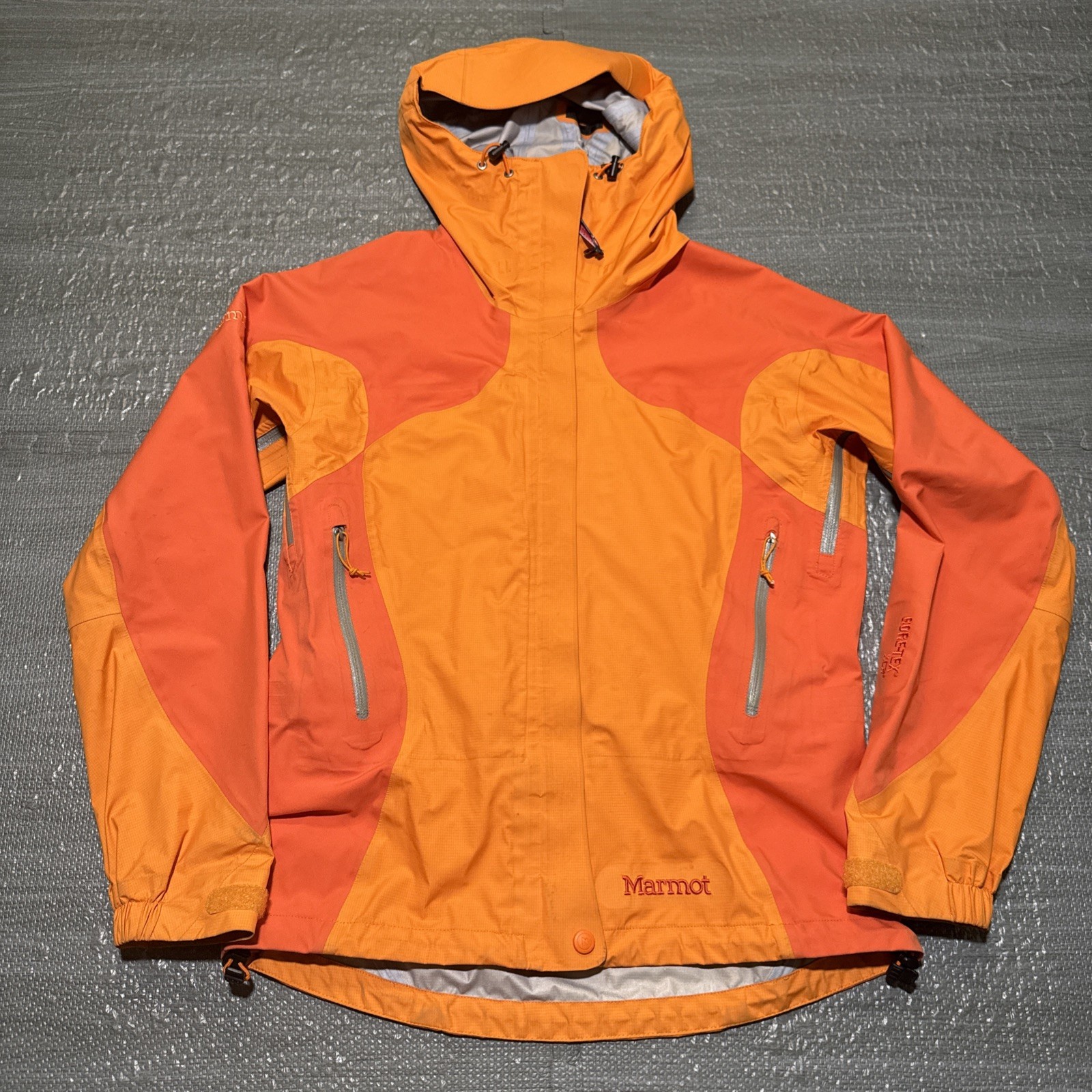 Marmot Jacket Waypoint Gore-Tex Rain Hiking Womens Small Orange Hooded Zip Vents