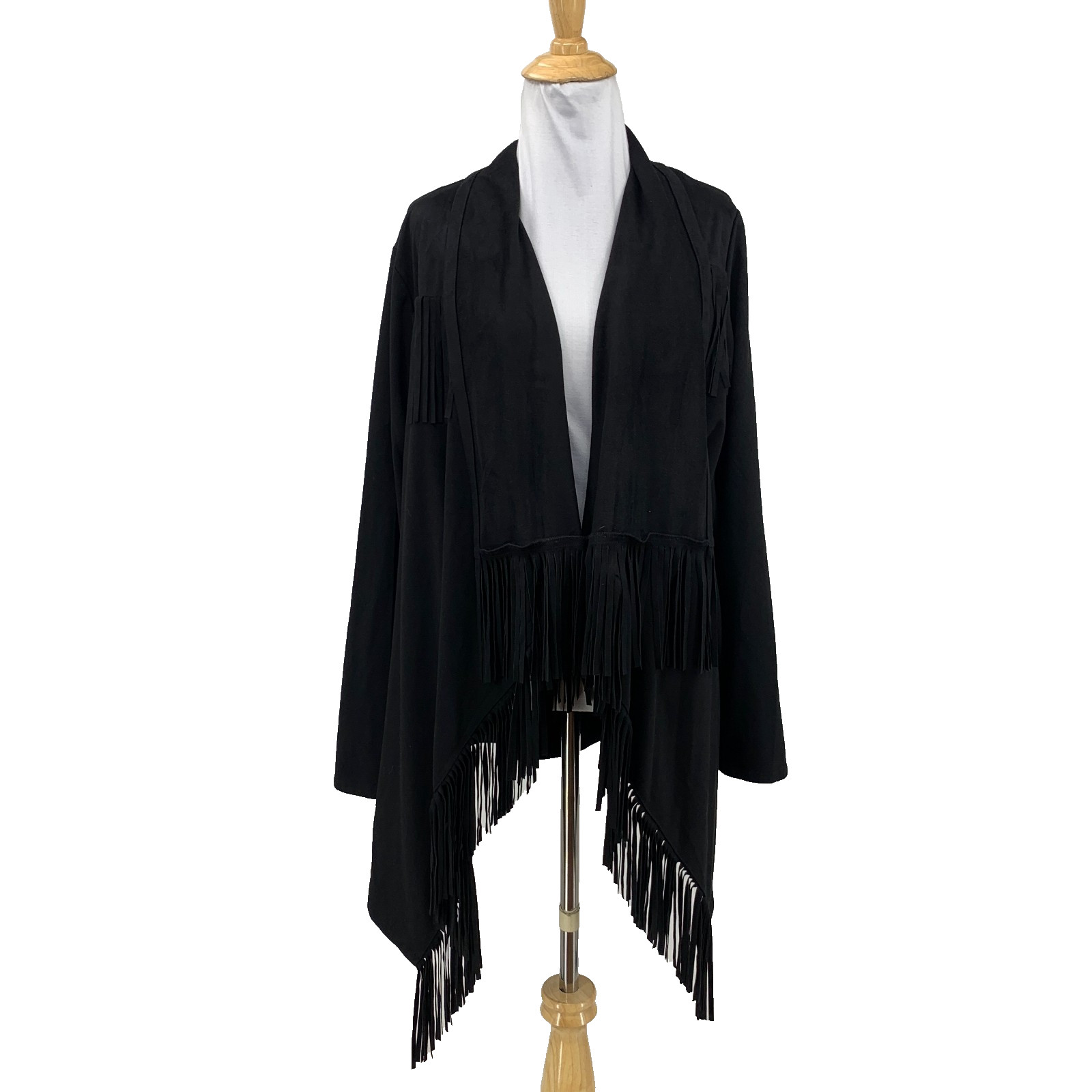 Wrangler Retro Jacket Womens M Medium Black Faux Suede Open Front Fringed Hem