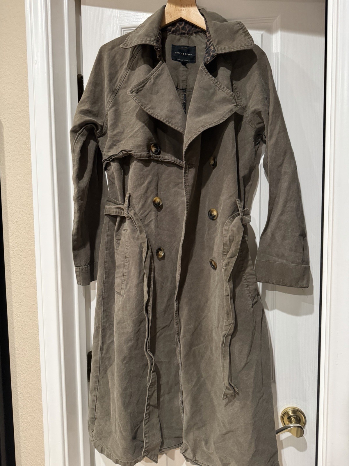 Lucky Brand Relaxed 100% Cotton Trench Coat Olive Tarmac Leopard Collar SzXS