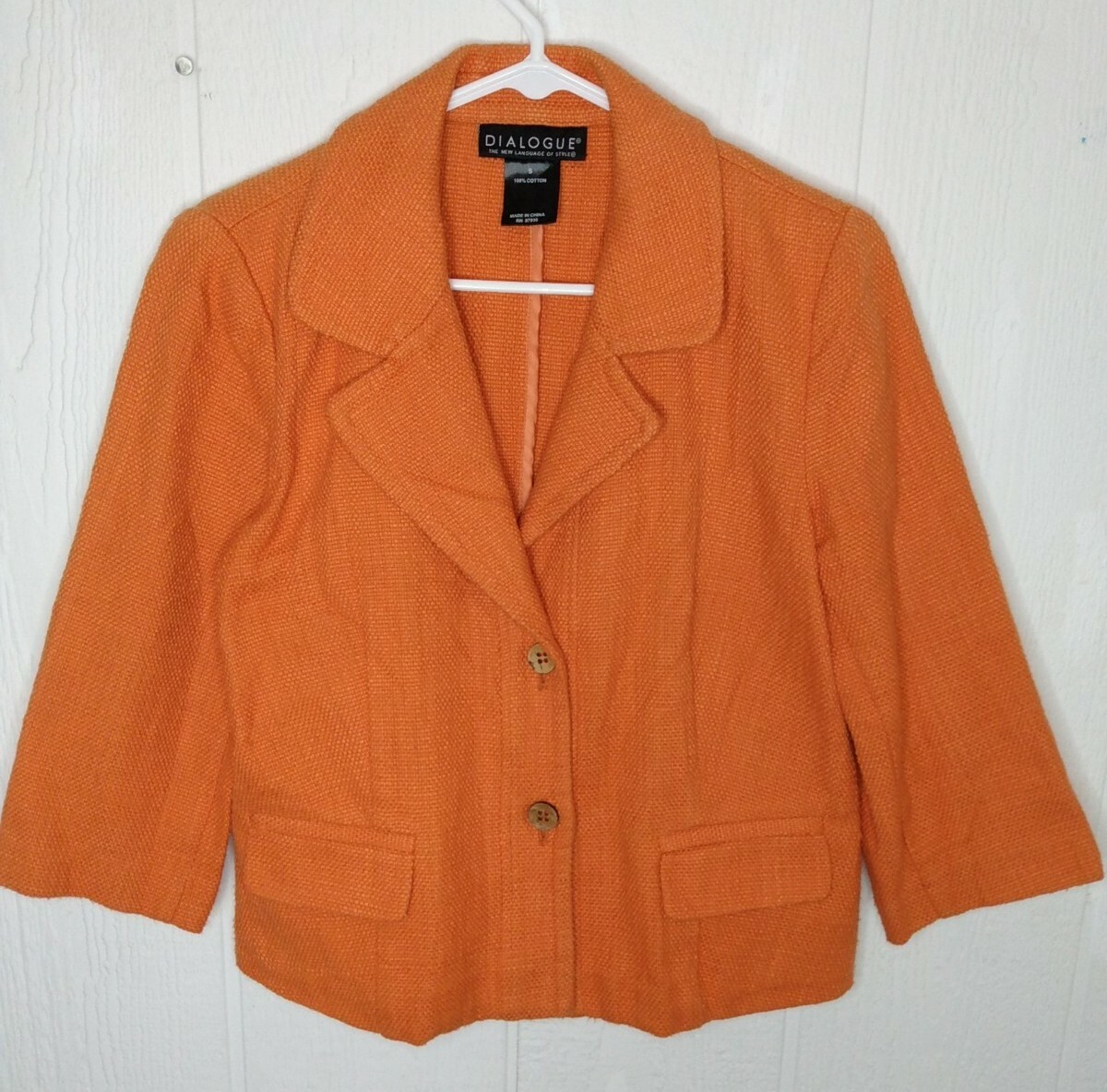 Dialogue Women’s S Orange Button Down Jacket Blazer 100% Cotton 3/4 Sleeve