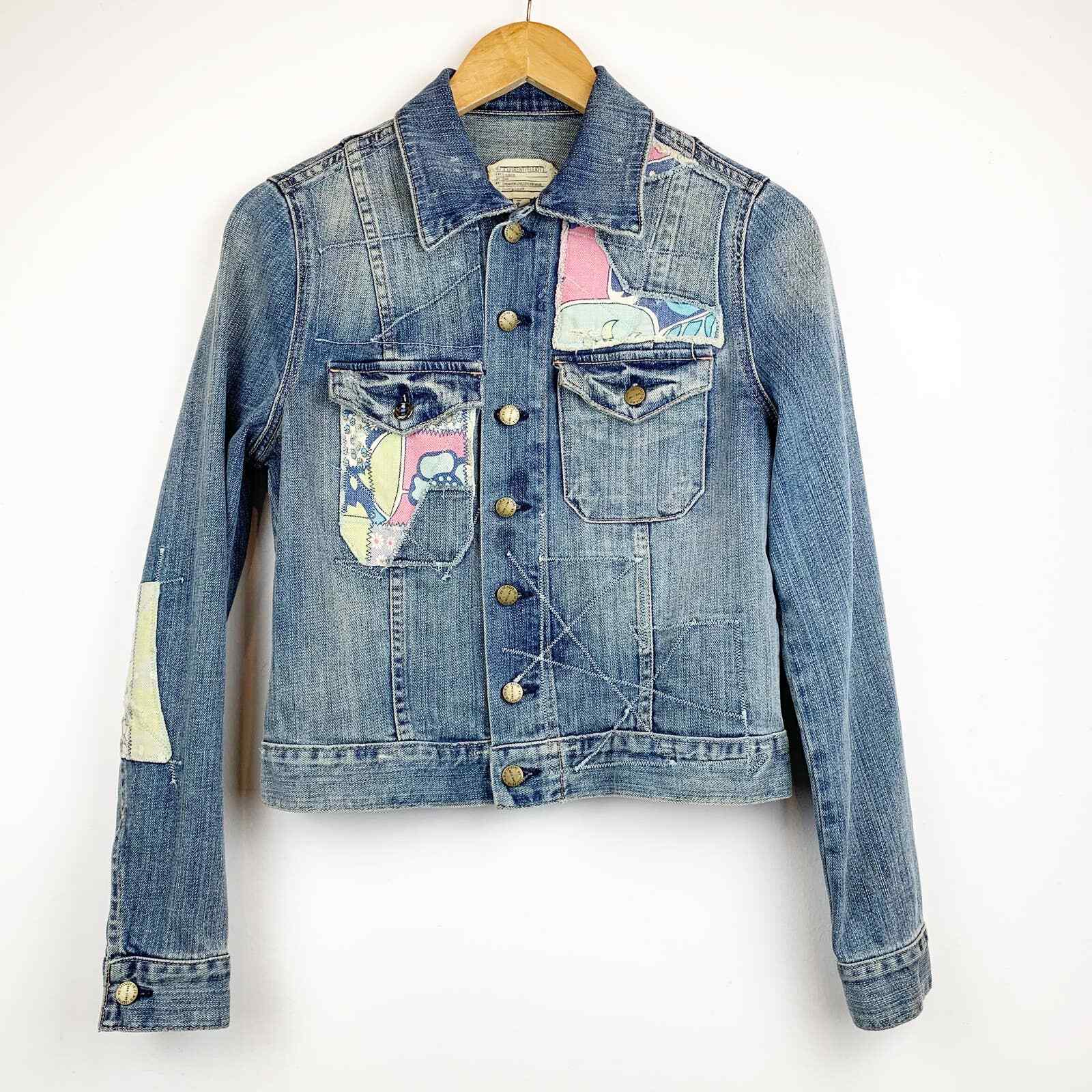 Current/ Elliott Blue Solid Long Sleeve Patch Work Denim Jacket 1