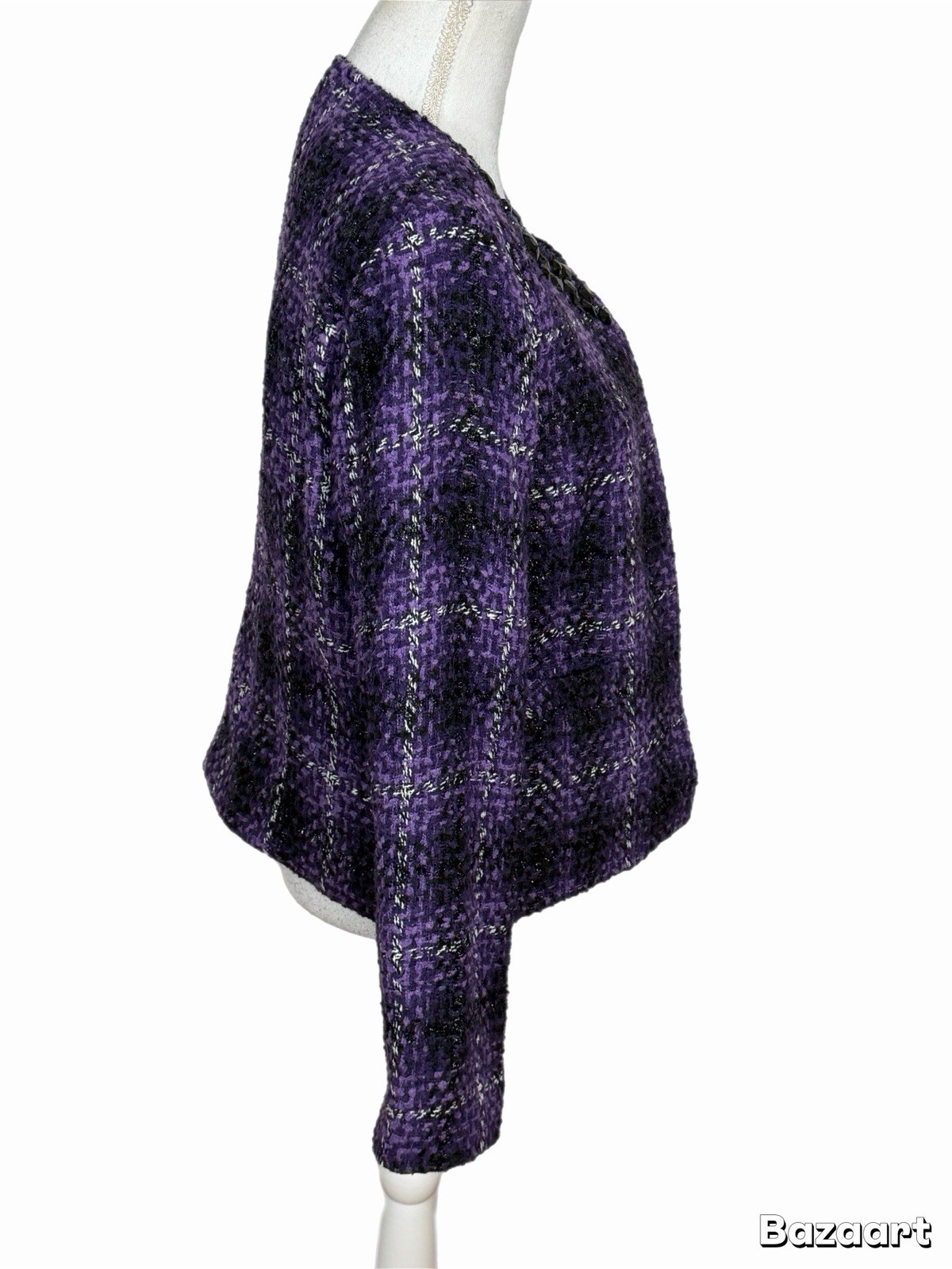 Dressbarn Purple Tweed Open Front Jacket Beaded Neck Lined Size Medium